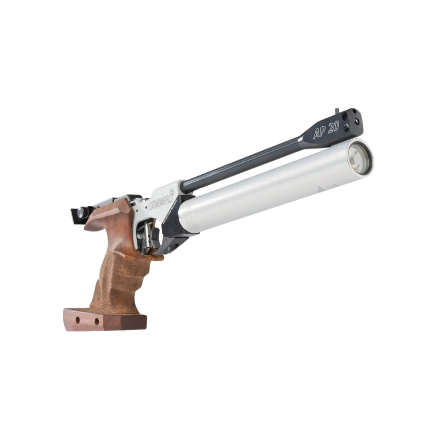 Hämmerli Match-Luftpistole AP20 PRO mit 3D-Nussbaumgriff und langem Lauf mit Visier