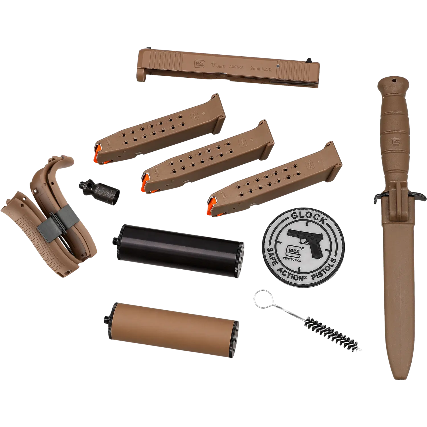 GLOCK 17 Gen5 SV 9mm P.A.K Double Set Coyote-Black Drei Magazinen, Griffschalen, 1 Feldmesser und 1 Schlitten in coyota Farbe, 1 Reinigungsbürste, 1 Abschussbecher, 1 schwarzer Schalldämpfer, 1 coyote Schalldämpfer und GLOCK-Logo-Patch.