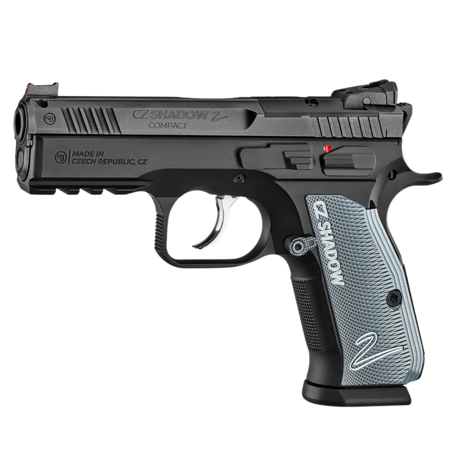 CZ 75 Shadow 2 Compact, schwarze Pistole mit grauem Griff, hergestellt in Tschechischer Republik, Modellbezeichnung 'SHADOW 2' auf der Seite.