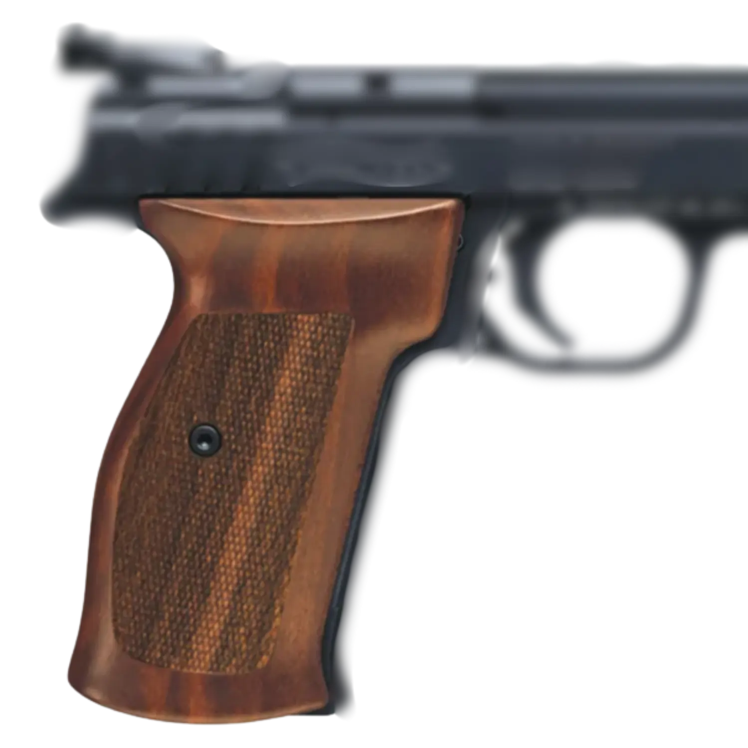 Braune Holzgriffschale mit strukturierter Oberfläche und Schraube an einer schwarzen Pistole