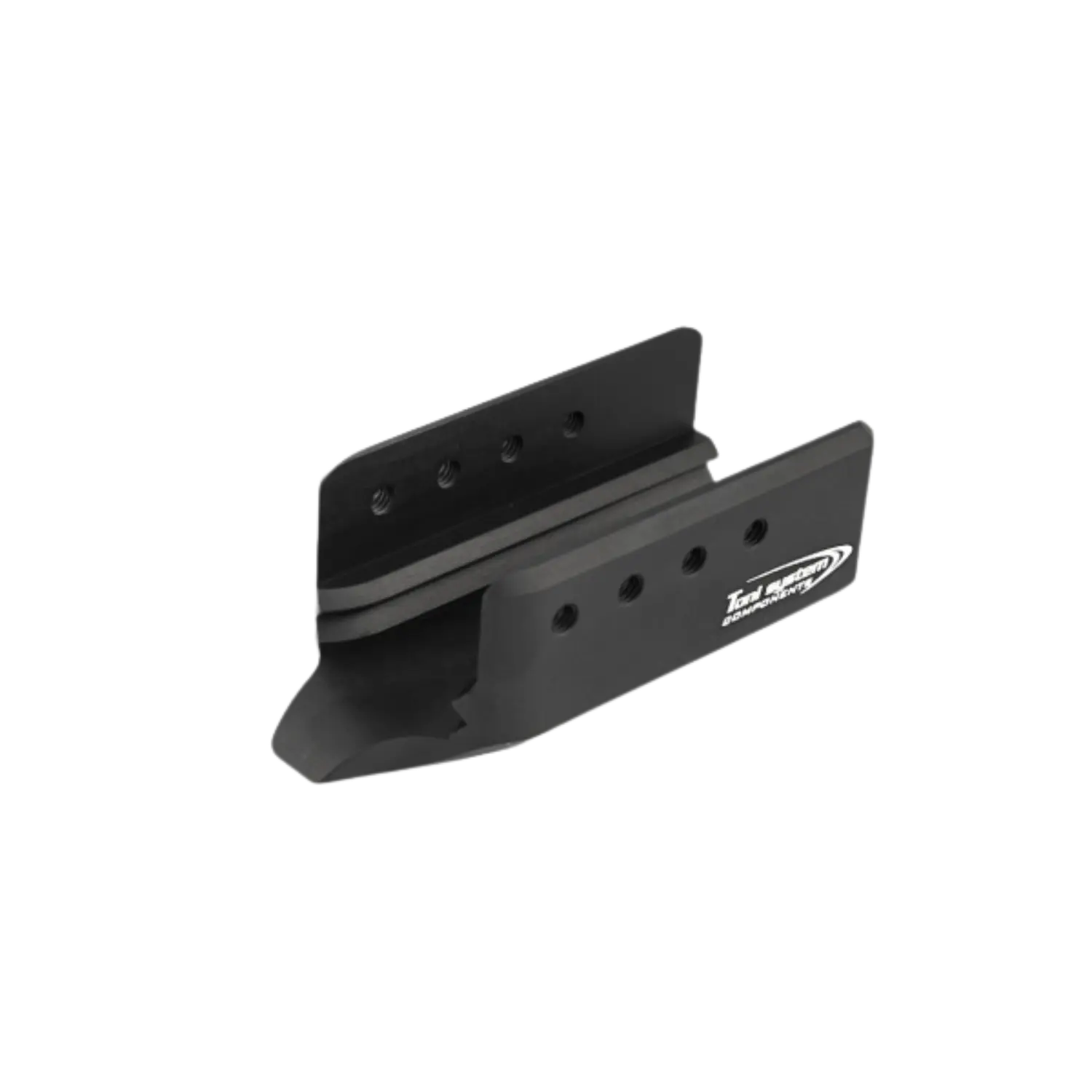 Toni System Aluminium Laufgewicht für CZ Shadow 2 Schwarz Schwarzes Metallteil mit mehreren Bohrlöchern und weißem Logo 'T&J' auf der Seite.