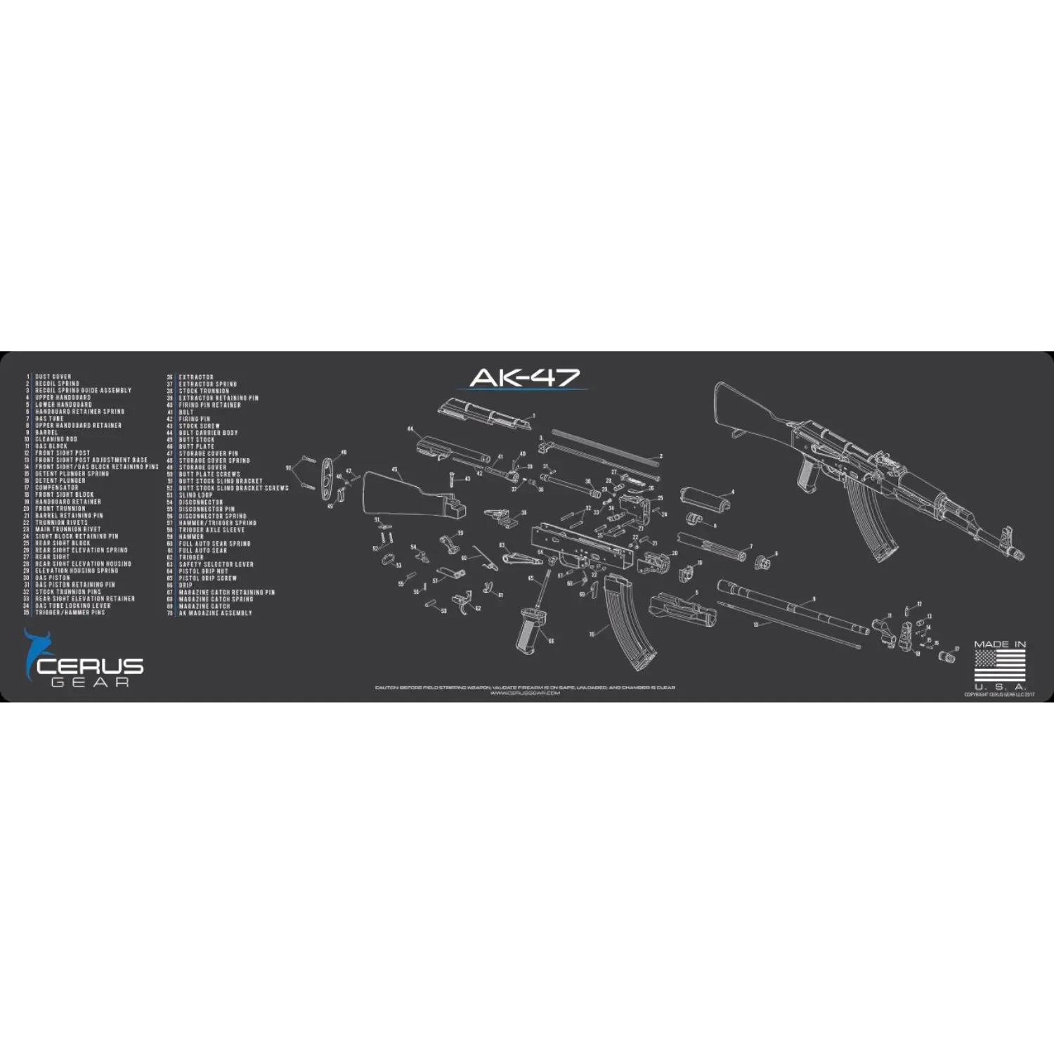 Schwarze Waffenpflege-Matte mit weißer Explosionszeichnung und Bauteilliste des AK-47-Sturmgewehrs, Cerus Gear-Logo und 'Made in U.S.A.'-Schriftzug.