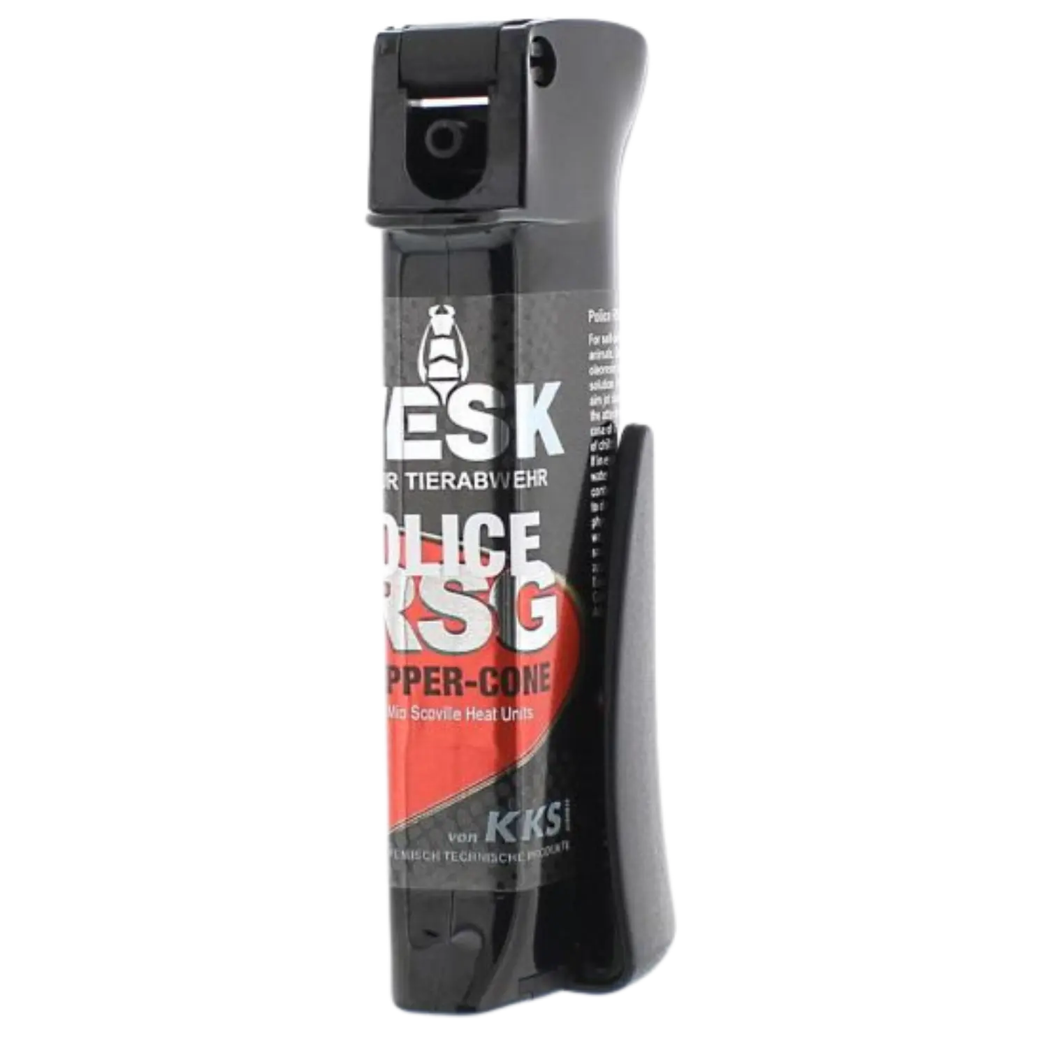 Schwarze Pfefferspray-Dose mit Aufschrift 'VESK RSG-Police Cone' und rotem Kreis, ergonomischer Griff, 28 ml Inhalt