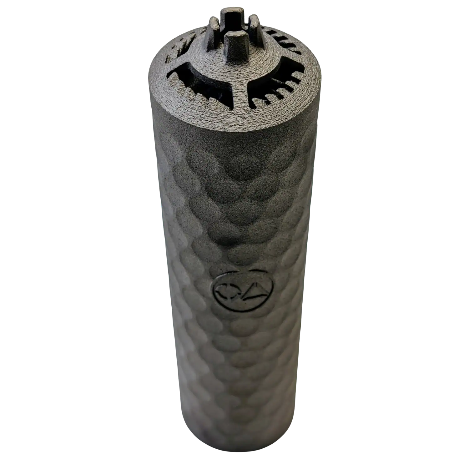 Oberland Arms KDA ELB 2 3D Titan Schalldämpfer für 1/2-28 Kaliber .223Rem Silberner Schalldämpfer mit Oberlandarms Logo stehend