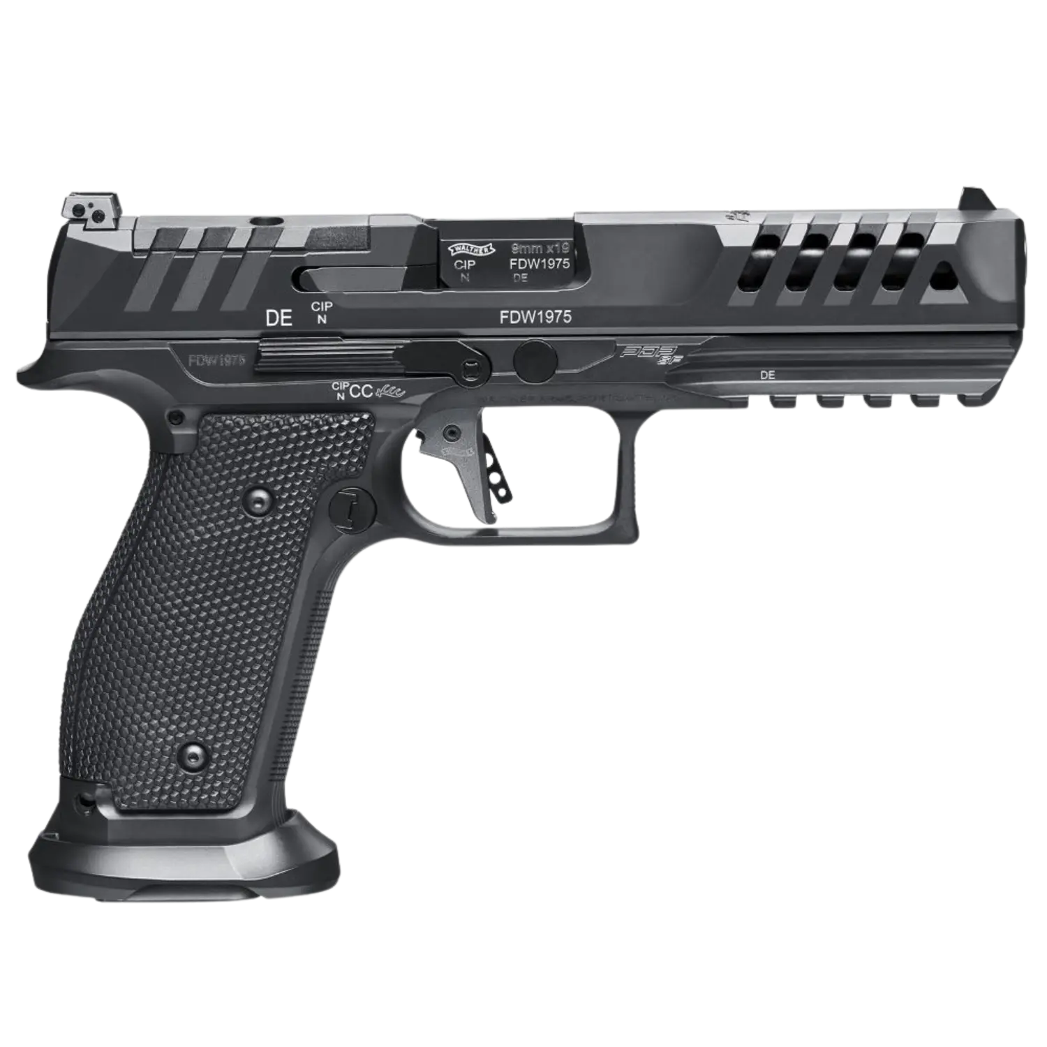 Walther PDP Match Steel Frame 5" Kaliber 9mm Luger Schwarzfarbige Handfeuerwaffe mit einem glatten Griff und einem markanten Abzugsmechanismus. Die Oberseite hat eine gezackte Struktur und eine Picatinny-Schiene.