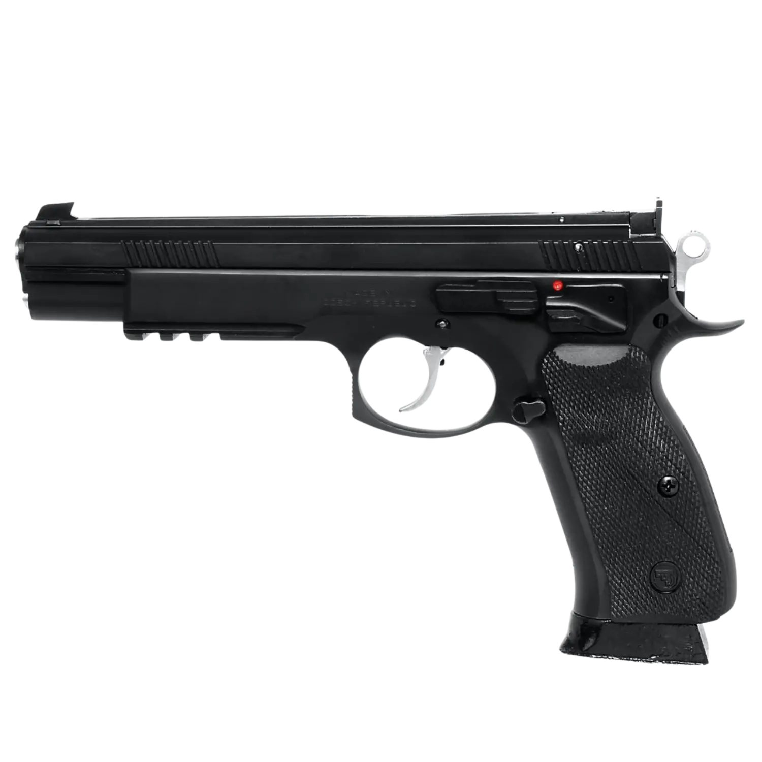Schwarzfarbige CZ 75 Viper Pistole, 6 Zoll, Kaliber 9mm Luger, mit einem abgerundeten Griff und einem sichtbaren Abzug.