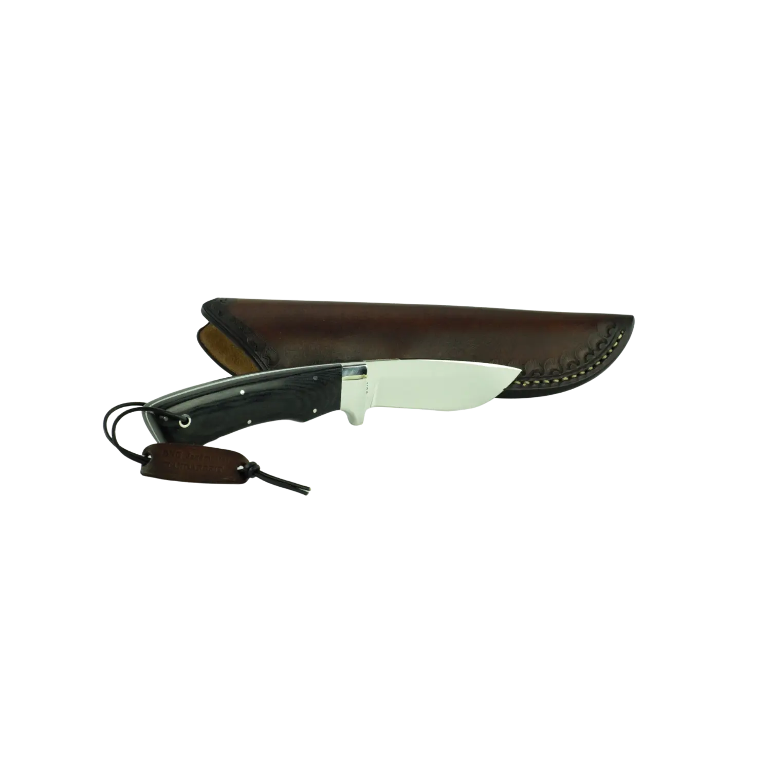Jagdmesser DNC SP4 mit schwarze gemasertem Griff und glatter Klinge, in einer braunen Lederscheide