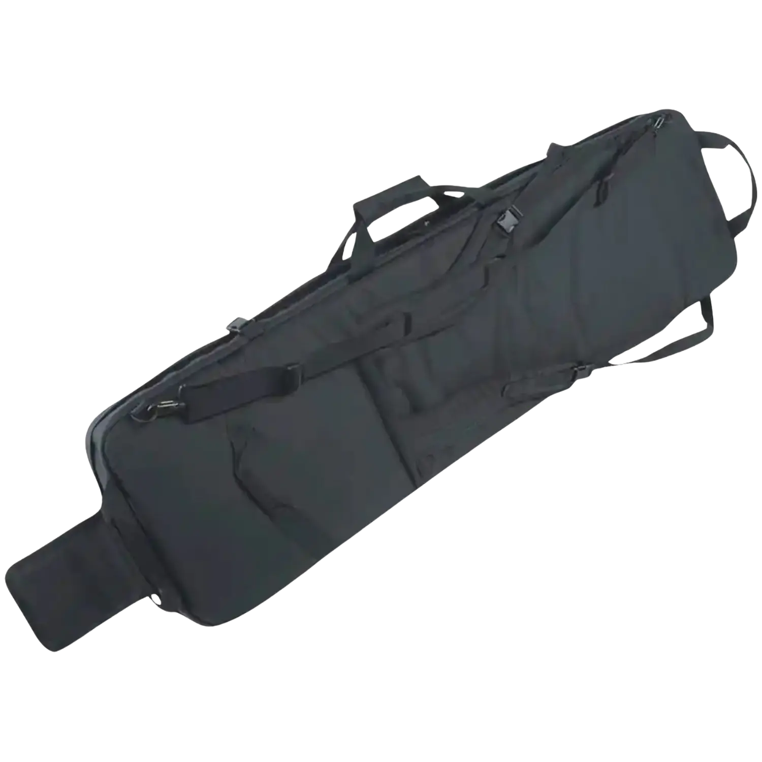Schwarze Gewehrtasche mit zwei Tragegriffen und verstellbarem Schultergurt, flach und länglich, aus strapazierfähigem Material.
