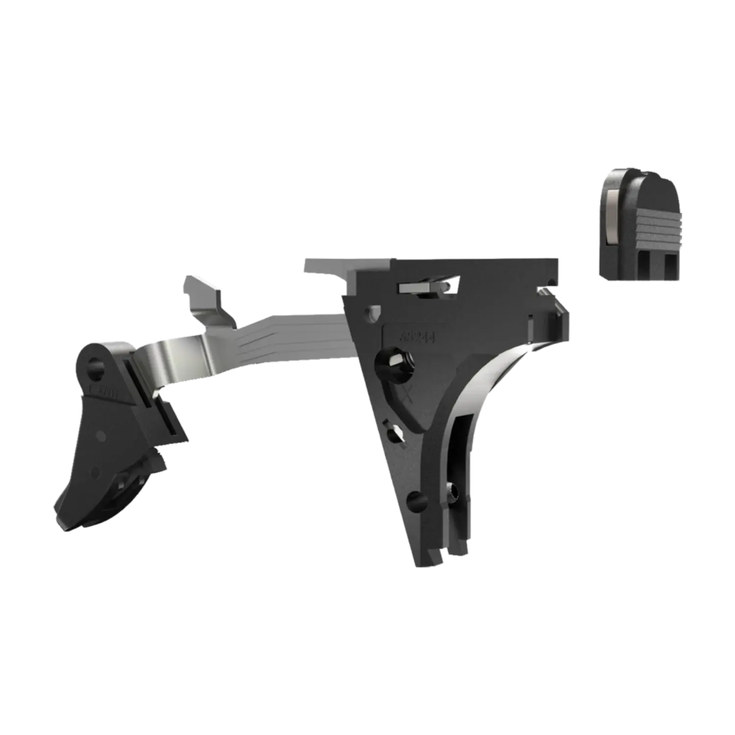 Nahaufnahme eines schwarzen GLOCK Abzugs Performance Trigger für 9mm Luger Gen4/Gen5 mit abgetrenntem Abzugsbügel und Abzugsplatte