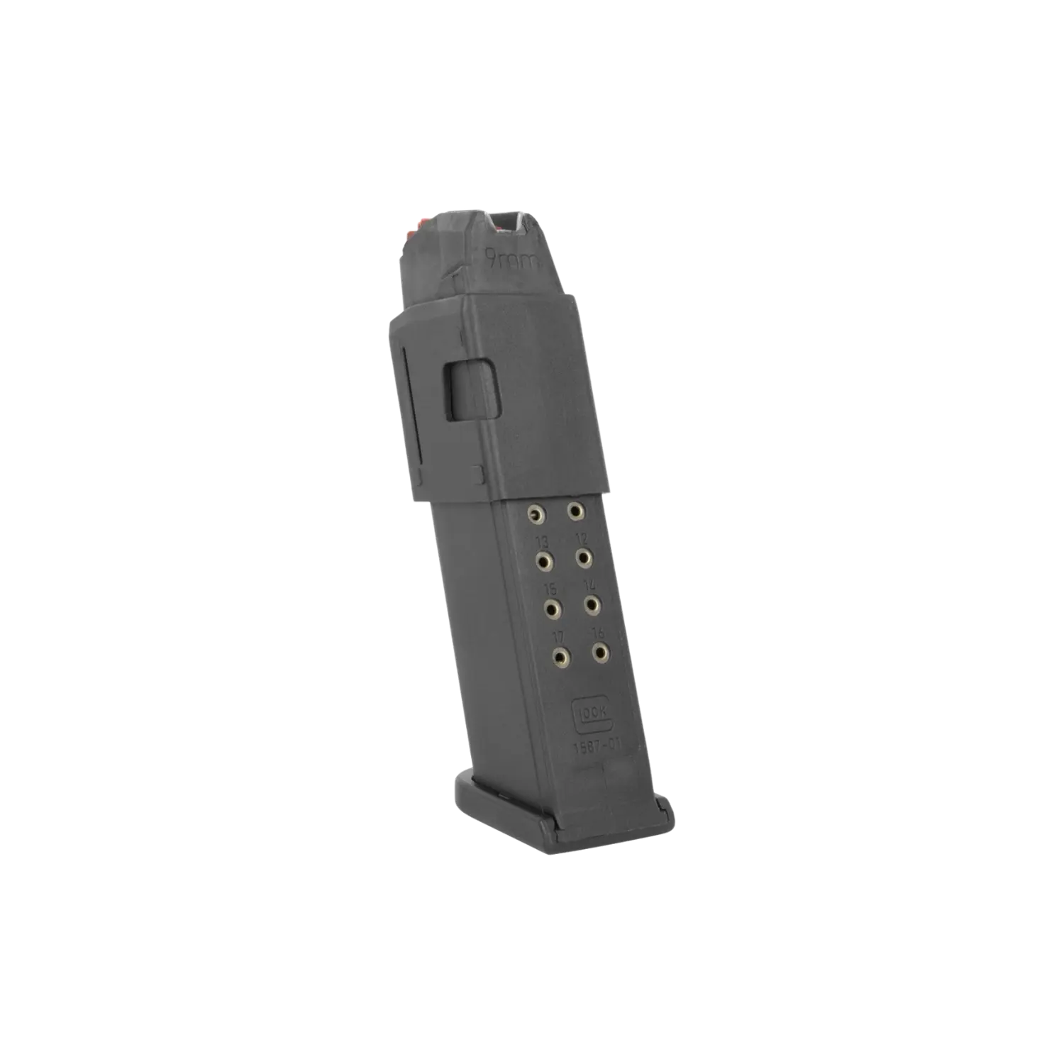 Schwarzes Magazin mit Sichtlöchern und Prägung, rechteckig mit abgerundeter Oberseite und Bodenplatte.