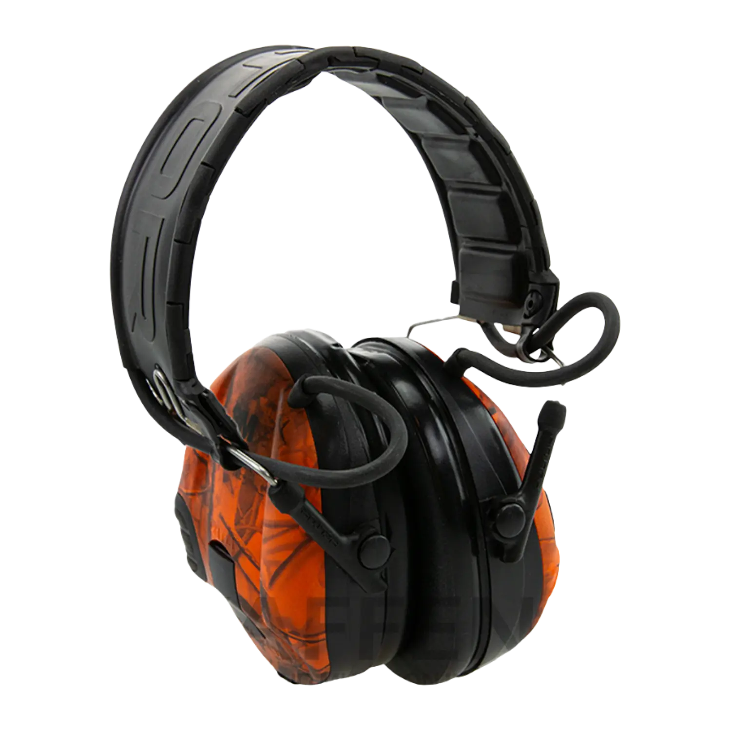 3M Peltor Sporttac Gehörschutz in orangen Camouflage mit schwarzem Kopfband und zwei Mikrofonen. Kopfhörer sind geschlossen und gepolstert.