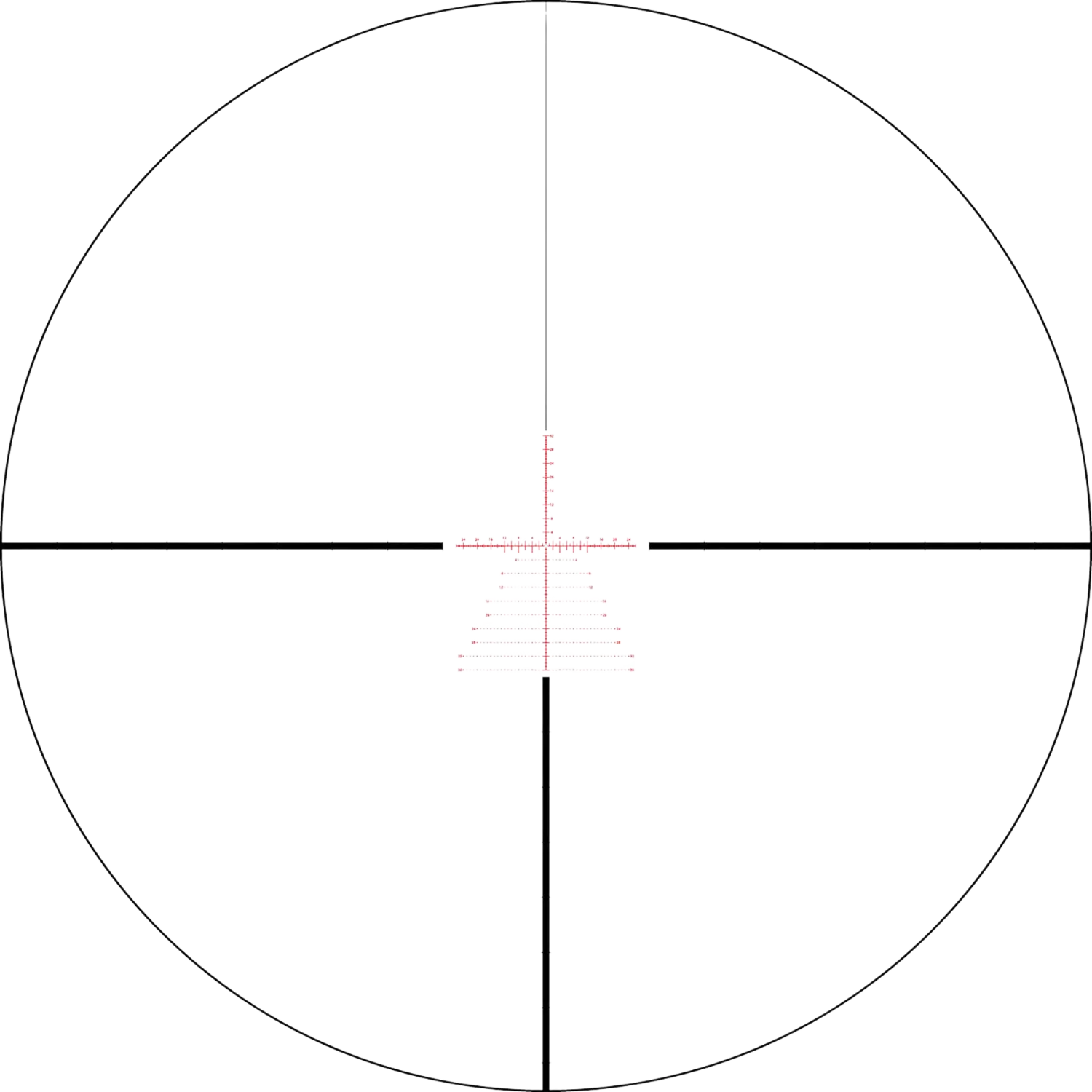 Abbildung des Absehen-Designs des Vortex Strike Eagle Zielfernrohrs 5-25x56 FFP EBR-7C MOA mit einem zentralen Fadenkreuz und roten Markierungen.
