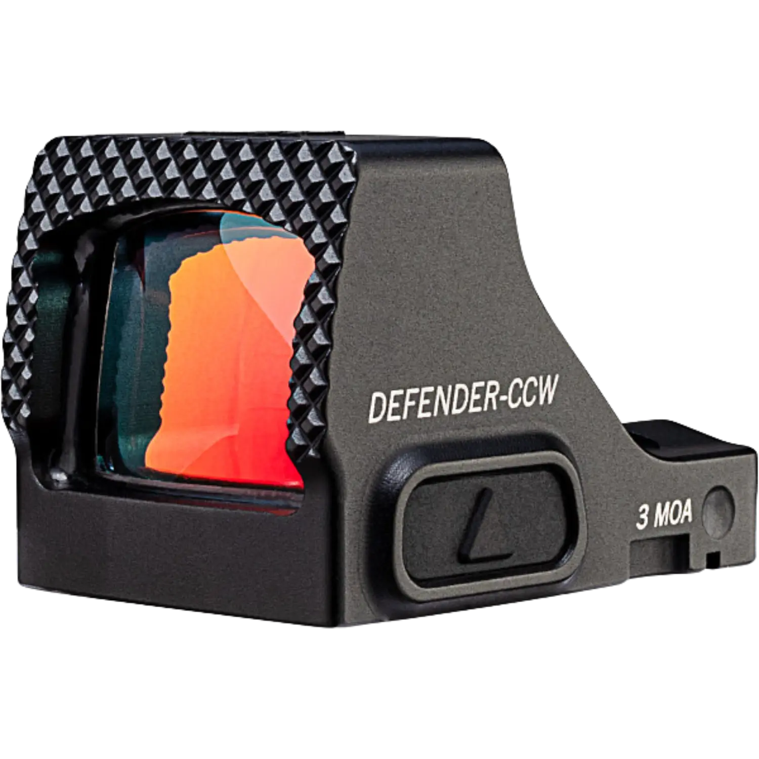 Vortex Defender CCW Red Dot 3 MOA: Rotpunktvisier mit klarer Linse und robustem Design.. Abbildung schräge Seitenansicht mit rotem Glas links.