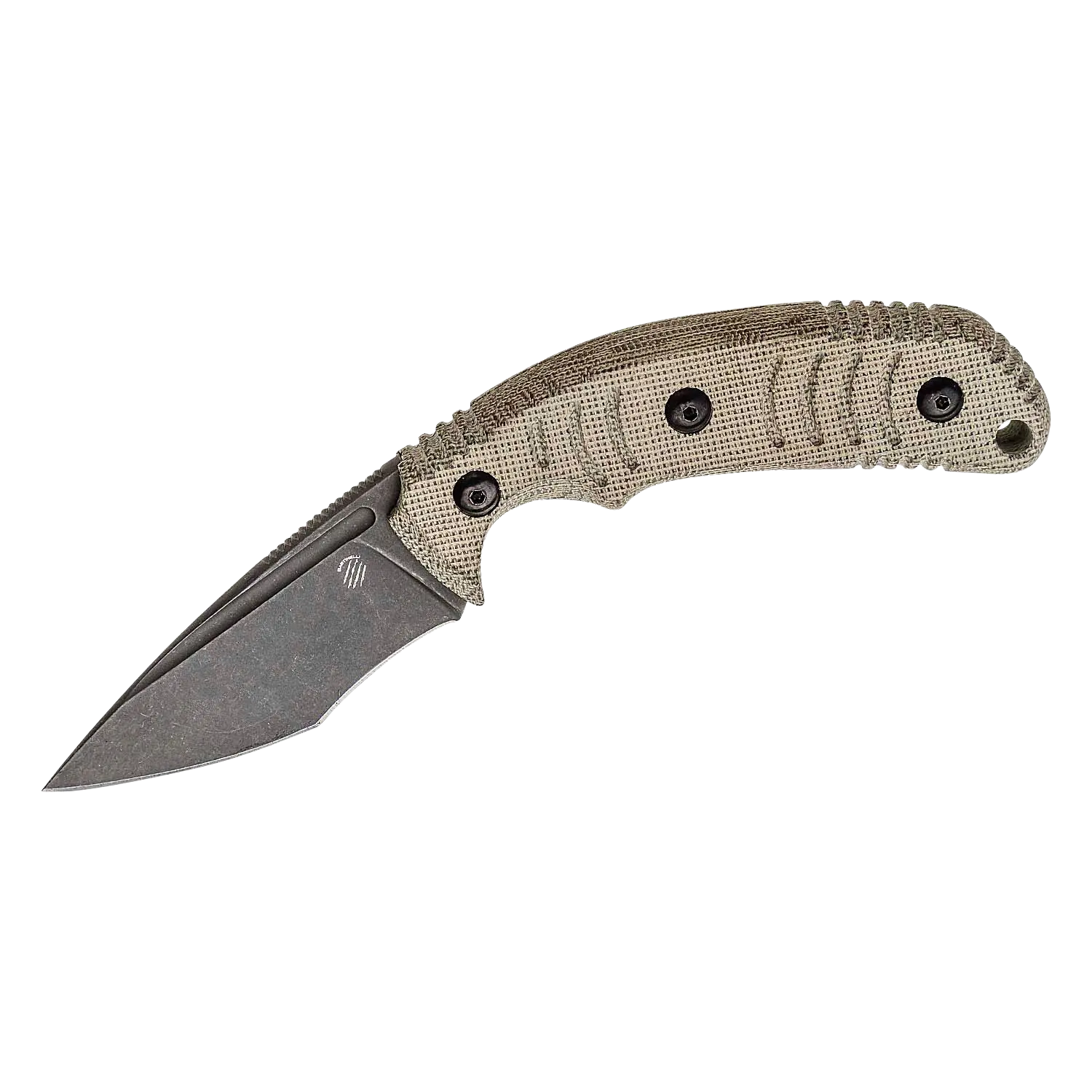 Bastinelli Knives Askari Micarta Green Bastinelli Askari Messer mit grünem Micarta-Griff und gebogener Klinge aus Stahl mit matter Oberfläche.