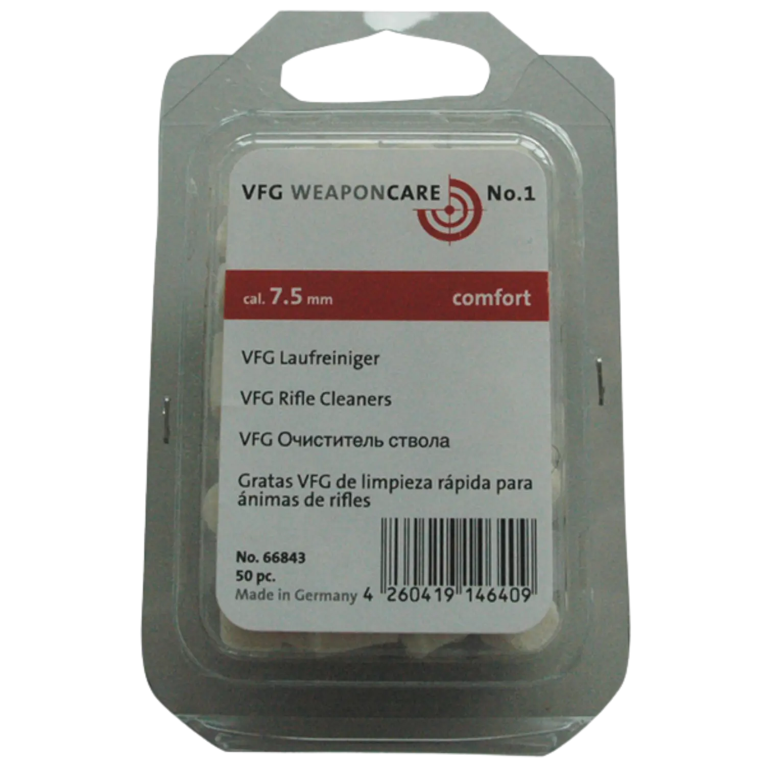 Verpackung mit VFG Laufreinigern für Kaliber 7,5 mm, transparent, mit Aufschrift in mehreren Sprachen und Barcode.