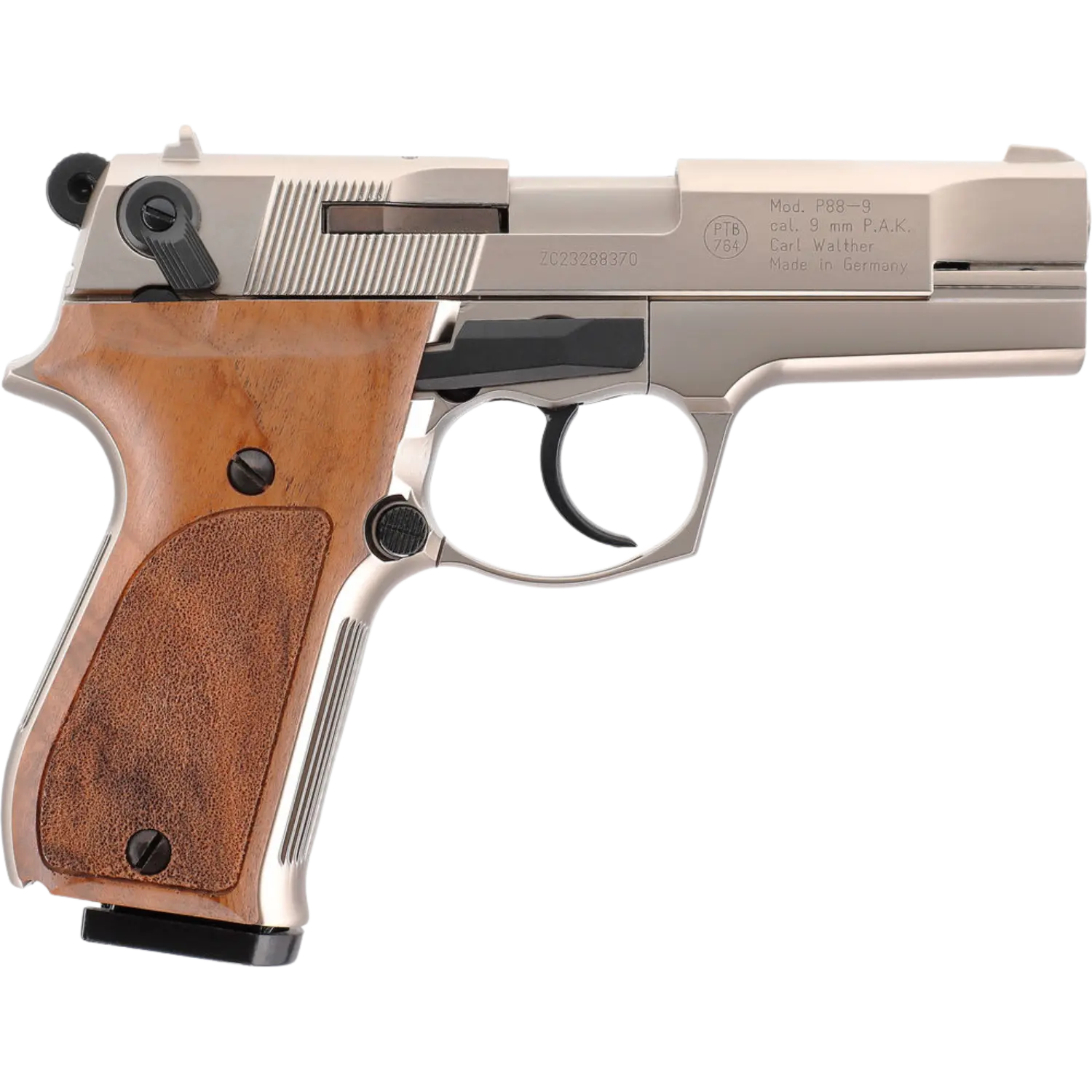Walther P88 Schreckschuss, nickelfarbener Metallkörper mit Holzgriff, Modellnummer 203238870, Kaliber 9 mm P.A.K., hergestellt in Deutschland.