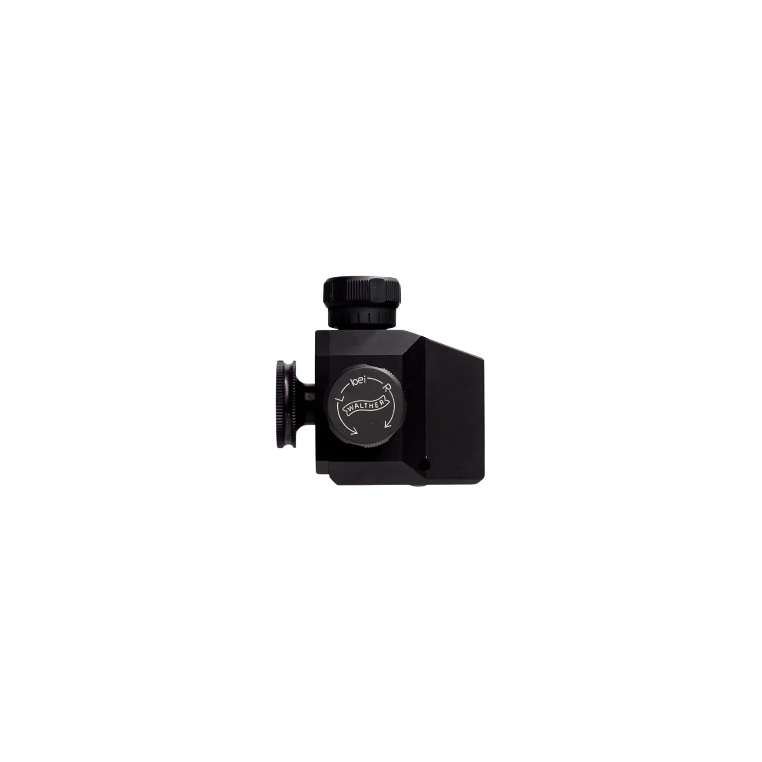 Schwarzes Walther BASIC Matchdiopter für Luftgewehr und Kleinkaliber mit Einstellrädern und Beschriftung.