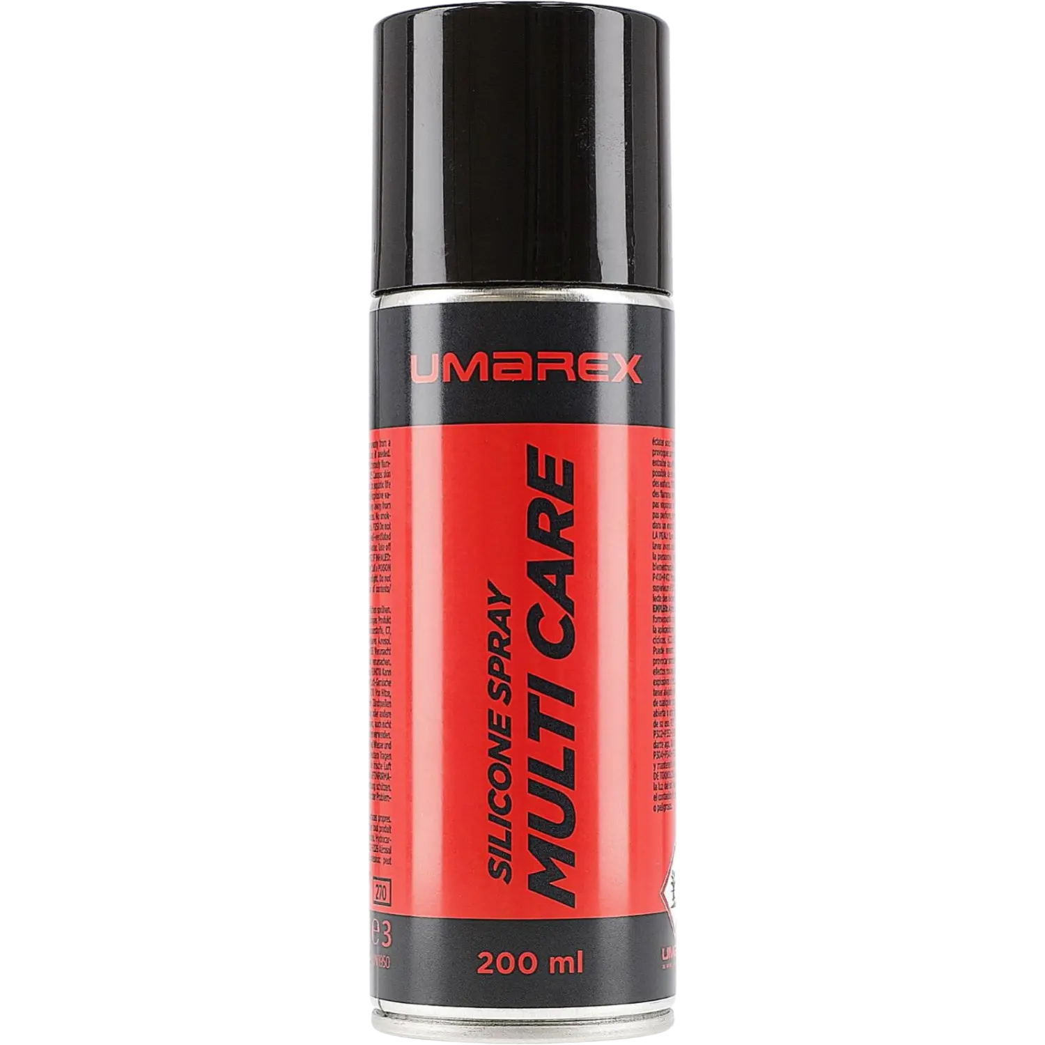Schwarze Sprühdose mit rotem Etikett, beschriftet mit 'SILICONE SPRAY MULTI CARE' und 'UMAREX'. Inhalt: 200 ml.