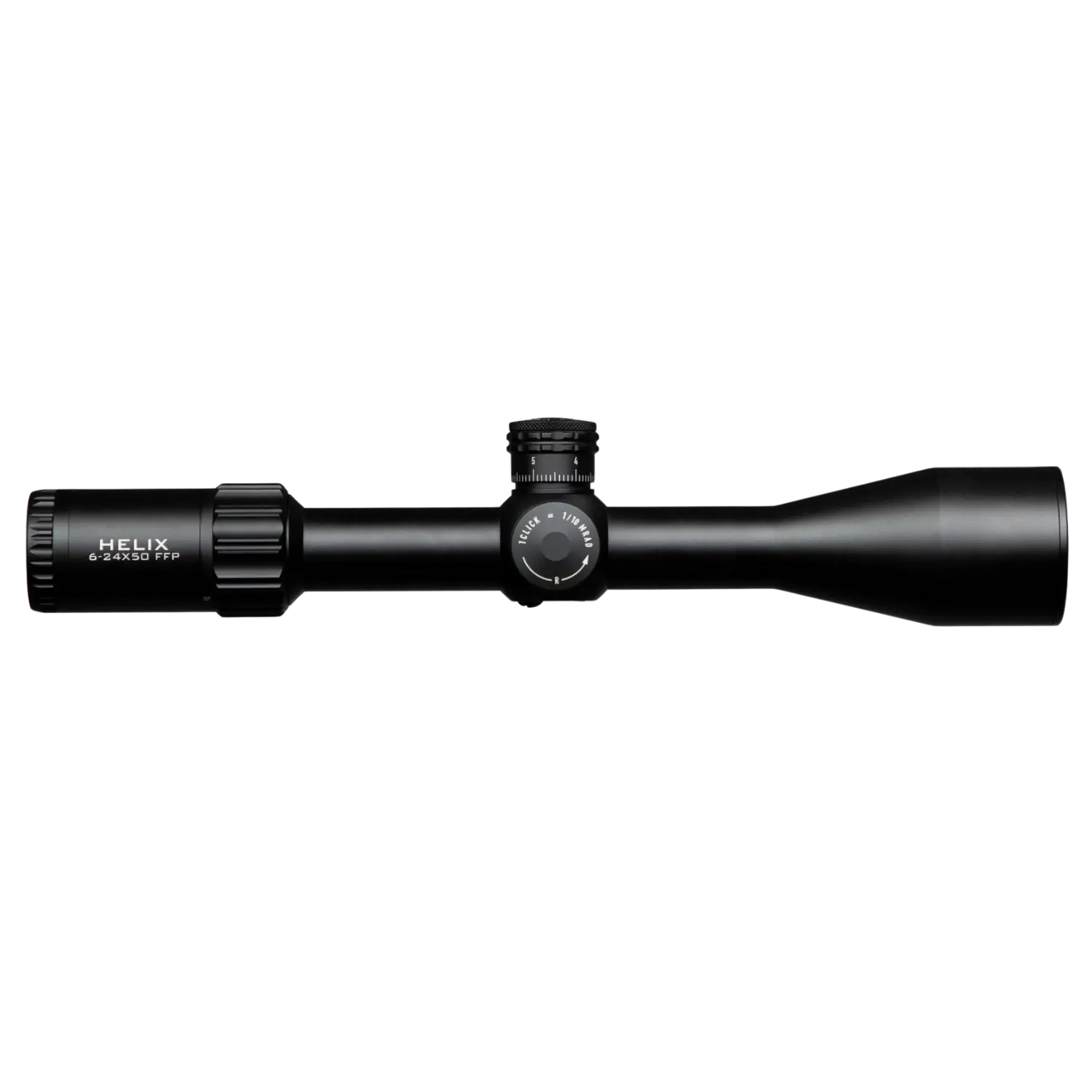 Element Optics Zielfernrohr Helix 6-24x50 APR-1C MOA FFP Schwarzfarbiges Zielfernrohr mit einem langen, schlanken Körper, einem verstellbaren Okular und einem großen Objektiv. Auf der Mitte befindet sich ein Einstellrad.