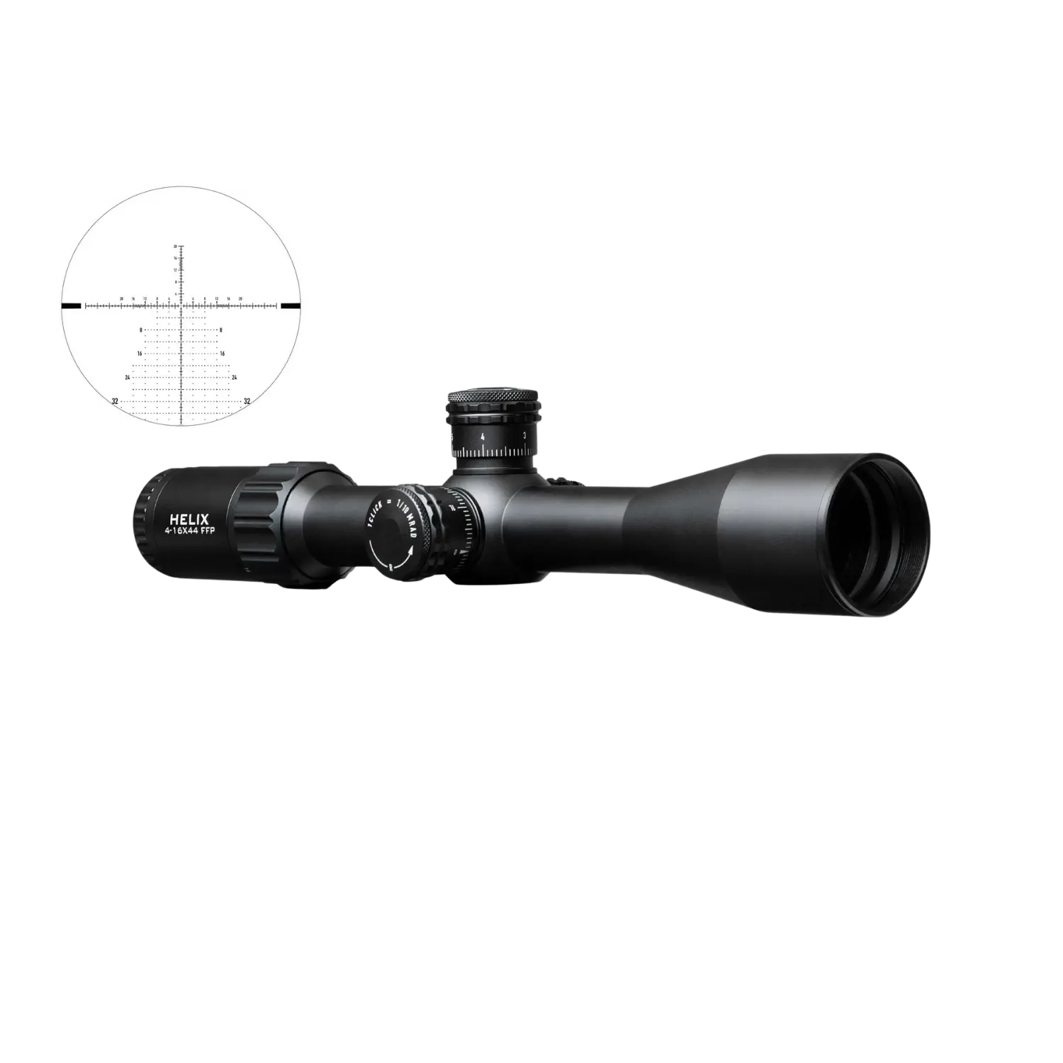 Schwarzes Zielfernrohr mit Vergrößerungseinstellung 4-16x44, seitlicher Verstellknopf und detailliertem Absehen mit Skalen und Markierungen.