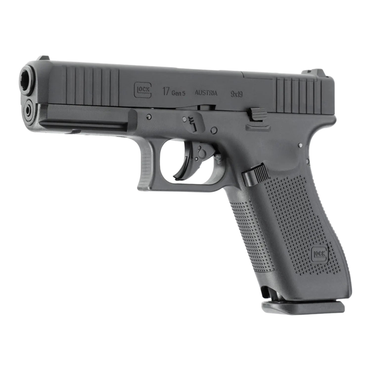 Glock 17 Gen5 MOS BLK CO2 Pistole Kaliber 4,5mm BB Schwarze CO2-Pistole mit geriffeltem Griff, Abzug und Visier, Seitenansicht rechts