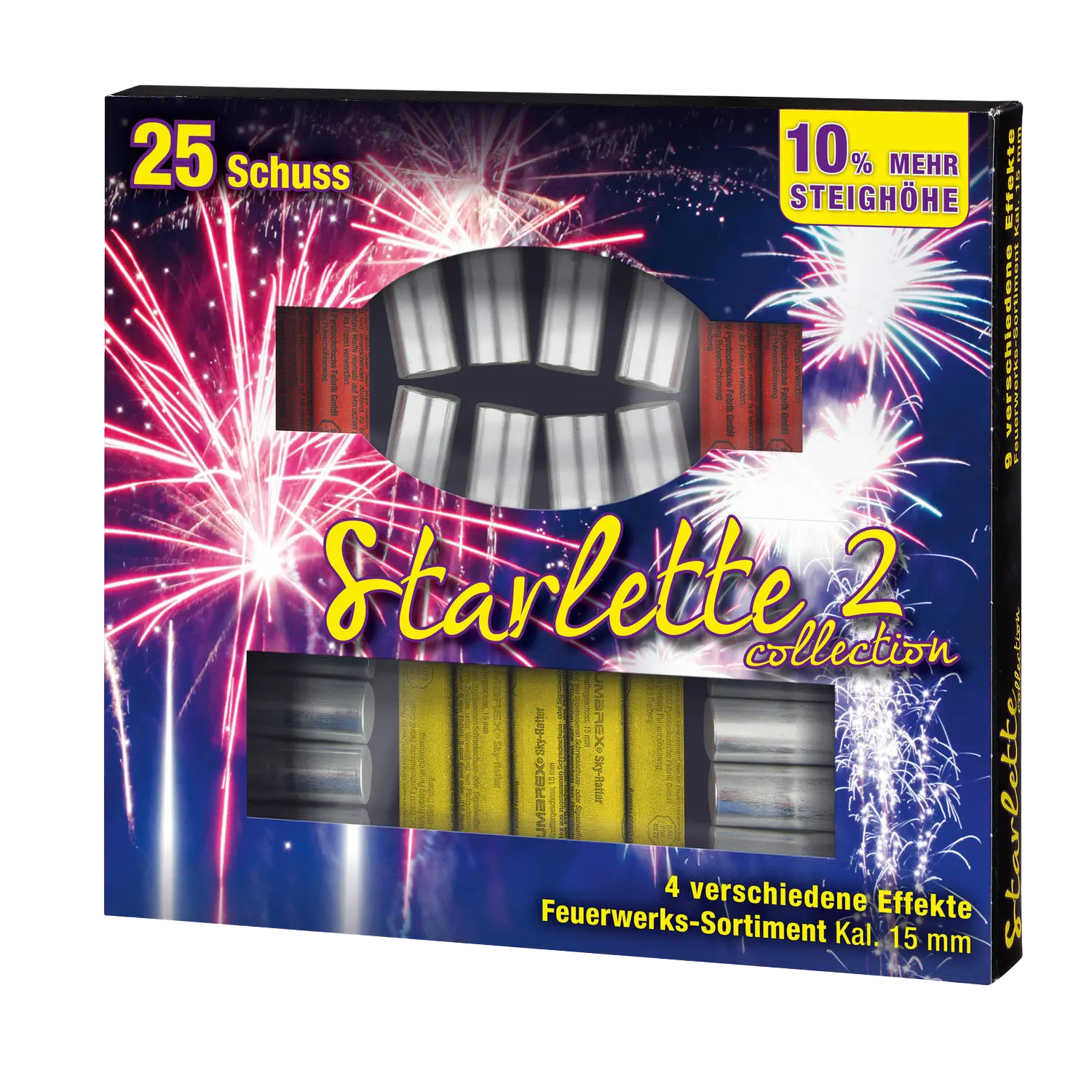 Verpackung der Umarex Starlette Collection 2 mit Feuerwerkskörpern, zeigt 25 Schuss, 10 % mehr Steighöhe, 4 verschiedene Effekte, Kaliber 15 mm, vor Feuerwerks-Hintergrund.