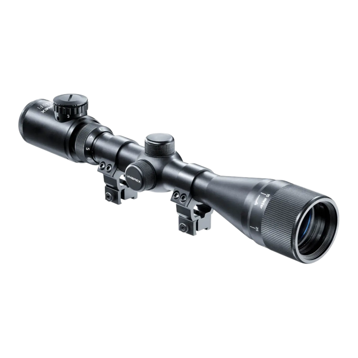 Umarex Zielfernrohr RS3-9x40, schwarz, mit zwei Einstellrädern, montiert auf einer Basis, länglich mit einem großen Objektiv.