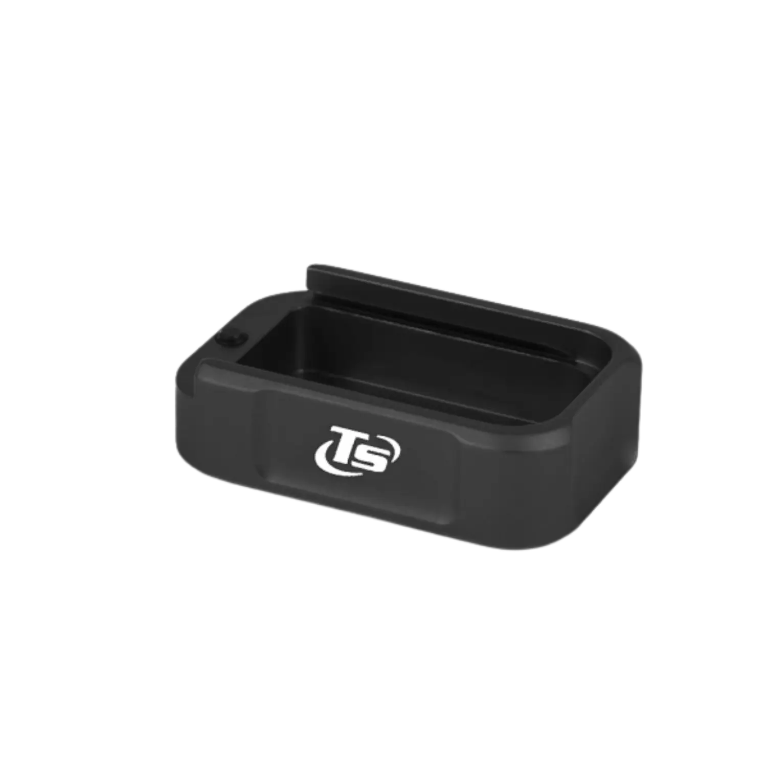 Schwarzer Magazinboden mit abgerundeten Ecken und weißem TS-Logo, passend für Tanfoglio Small Frame.