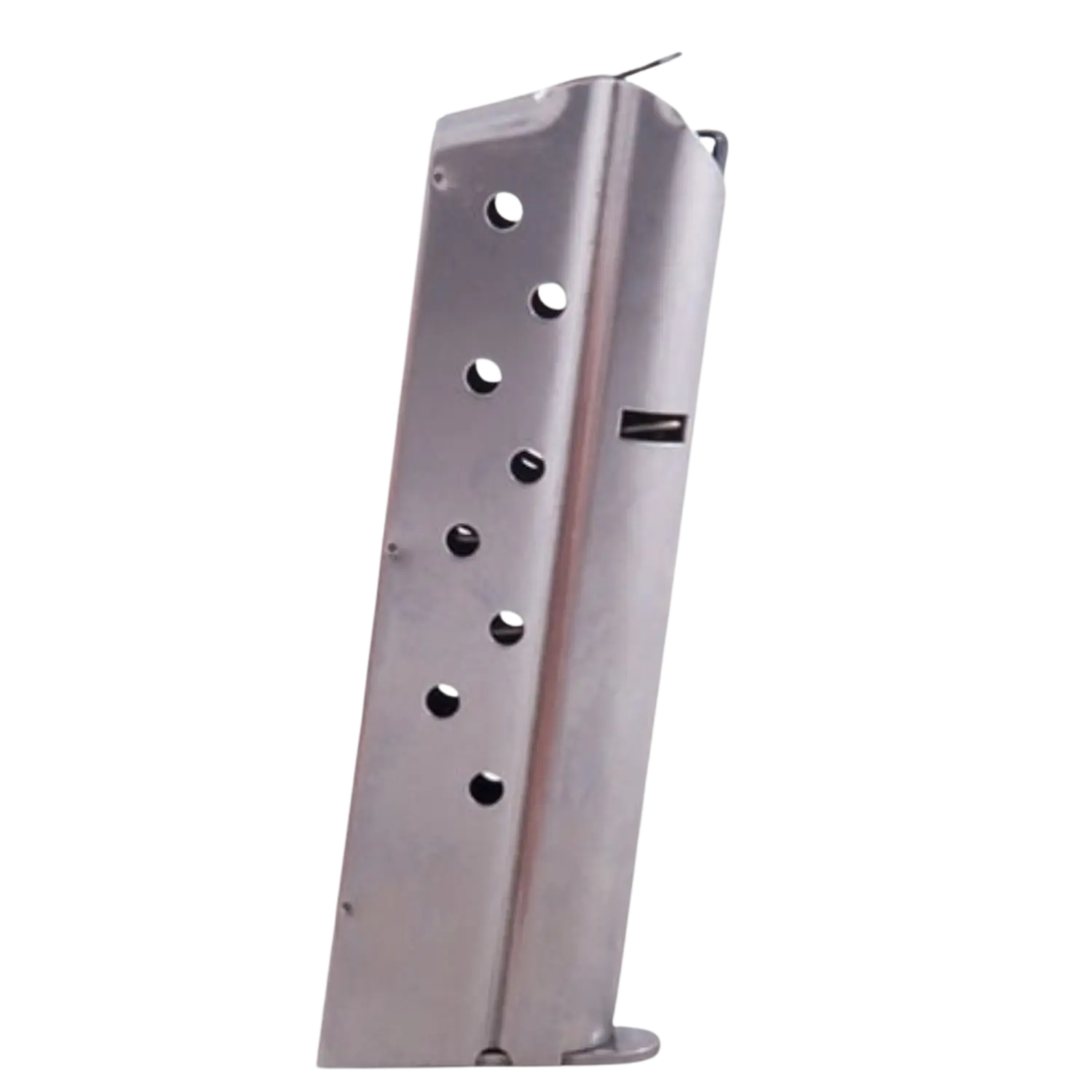 Edelstahl-Magazin für 1911-Stil, 9x19 mm, 9 Schuss, mit Löchern zur Sichtprüfung des Füllstands, seitlich stehend.