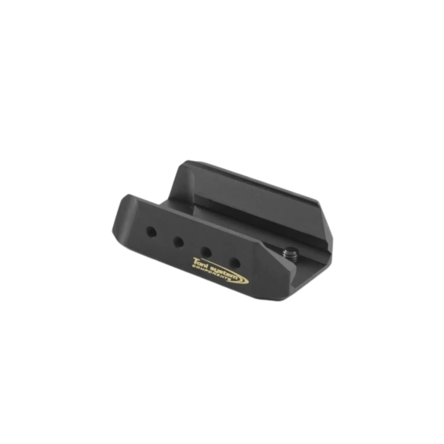 Schwarzes Laufgewicht von Toni System für H&K SFP9 und VP9, aus Metall, rechteckige Form mit drei Bohrungen.
