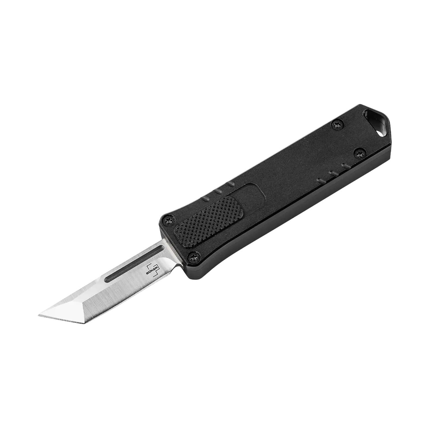 Böker Plus Micro USB OTF Tanto mit schwarzem Griff und ausgefahrener, spitz zulaufender Klinge aus Edelstahl.