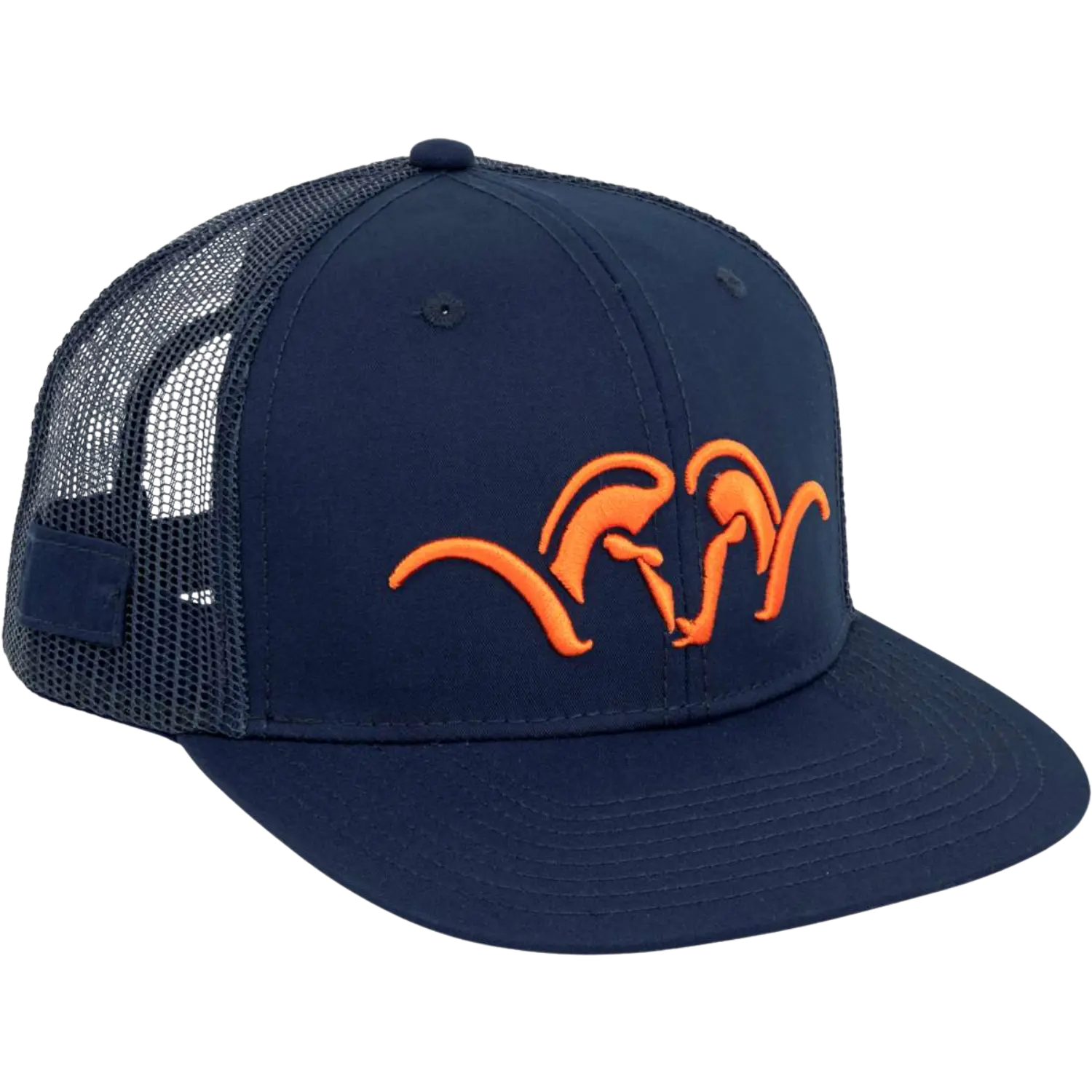 Blaser Schildkappe in navy mit orangefarbener Stickerei, Trucker-Stil mit Netzrücken, flacher Schirm.