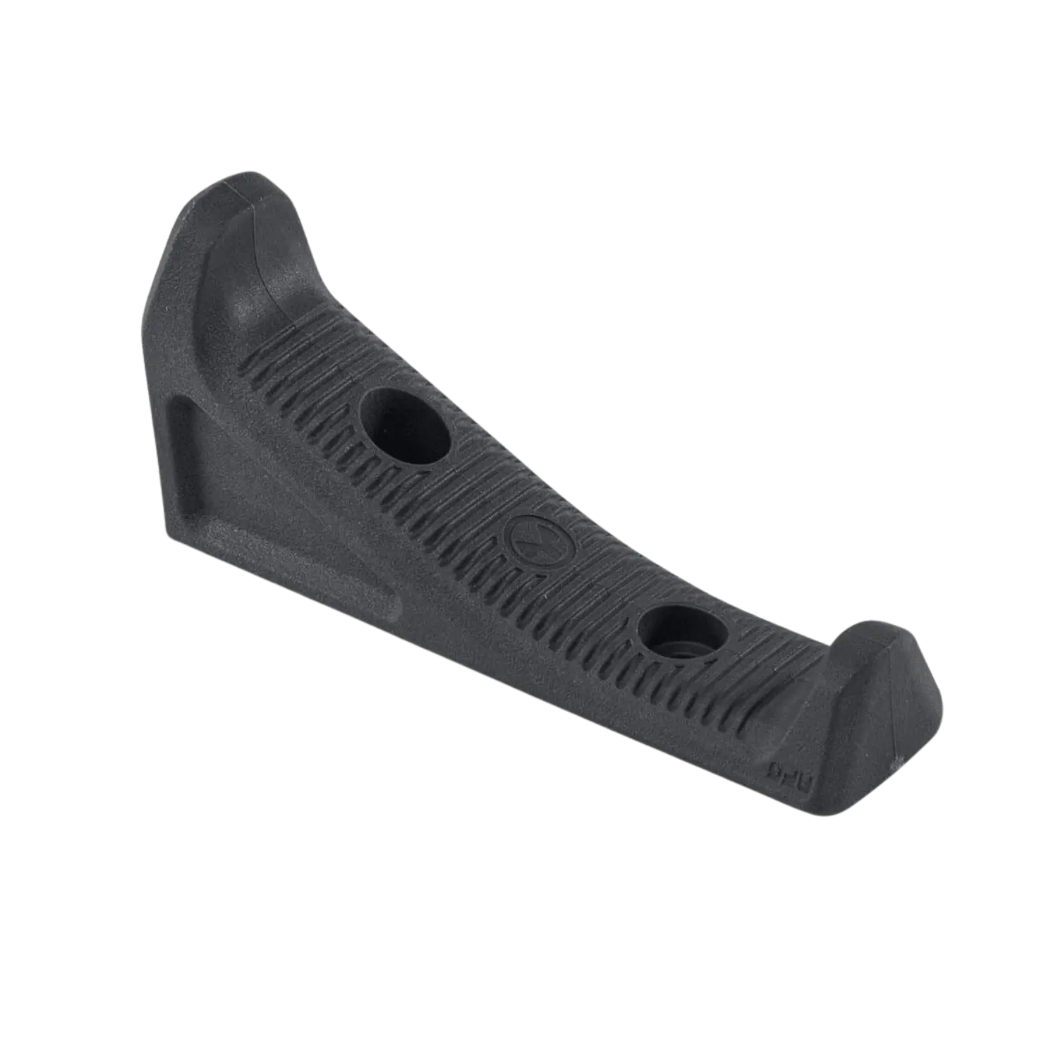 Abgewinkelter, grauer Magpul AFG Vordergriff mit M-LOK-Befestigungslöchern und geriffelter Oberfläche.