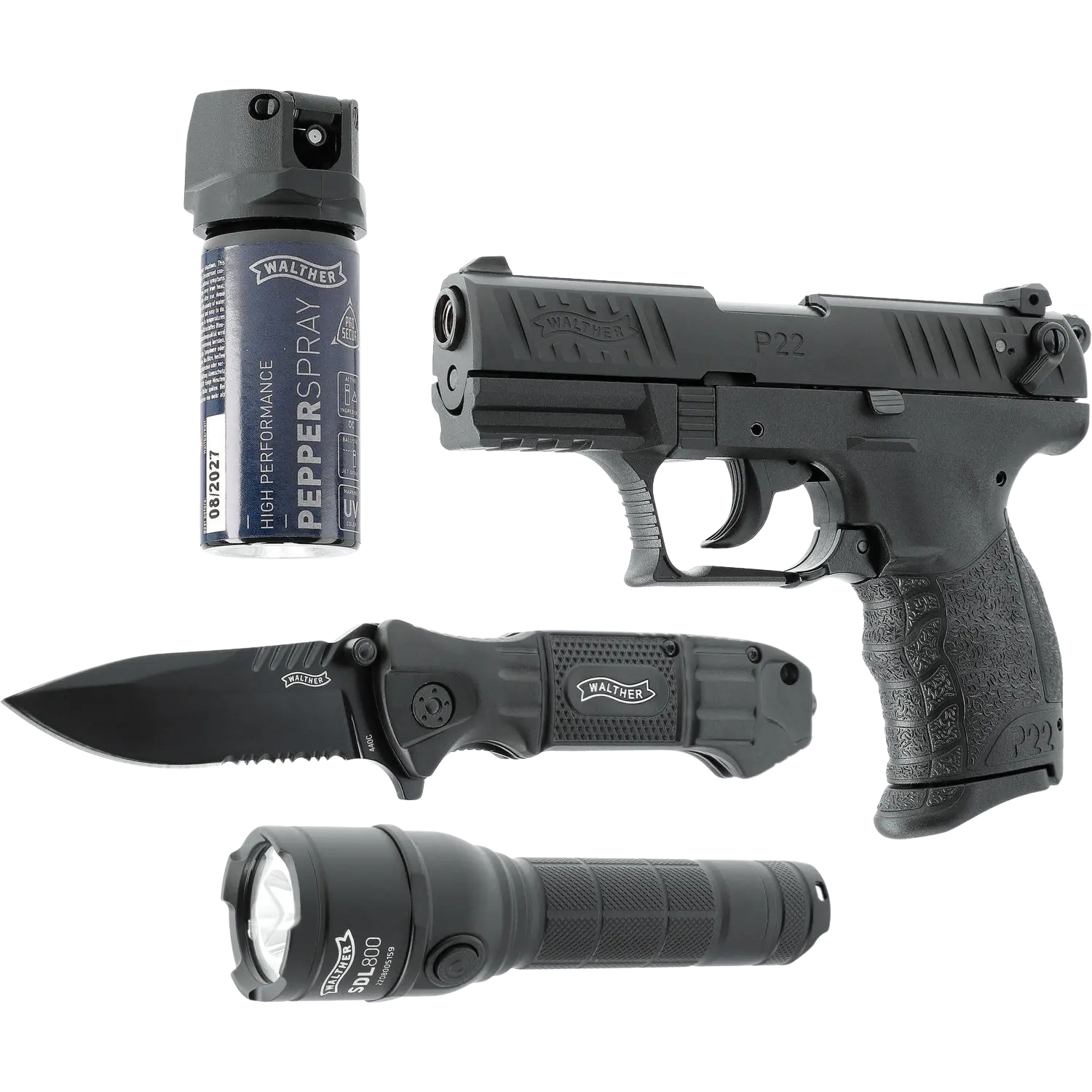 Walther P22Q Schreckschusswaffe 9mm R2D Kit Walther P22 Kit mit einer schwarzen Pistole, einem schwarzen Taschenmesser, einer schwarzen Taschenlampe und einer Dose Pfefferspray.
