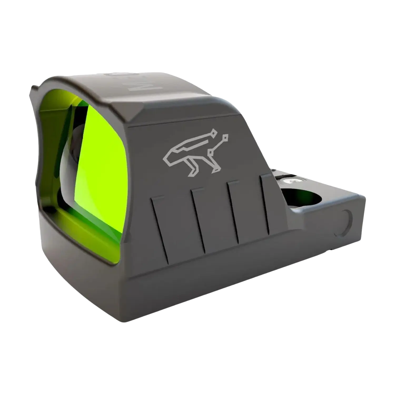 MECANIK MO1 Micro Reflex Sight mit 3 MOA Rotpunktvisier in Schwarz mit grünem Sichtfenster, seitlich mit einem stilisierten Tiermotiv verziert, rechteckige Form.
