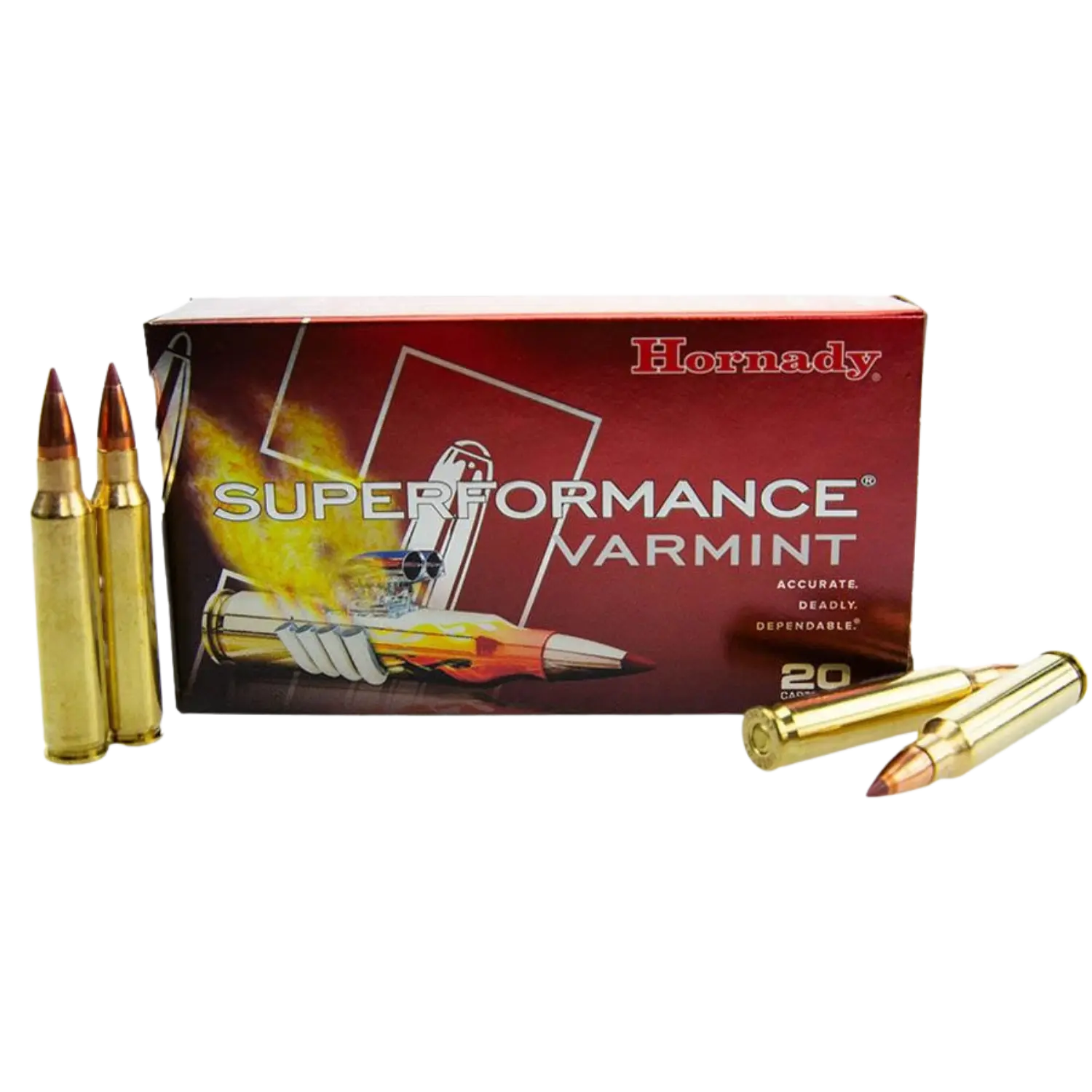 Hornady Superformance Varmint Patronen mit Messinghülsen und kupferfarbenen Geschossen vor roter Verpackung mit weißem Schriftzug und Grafik