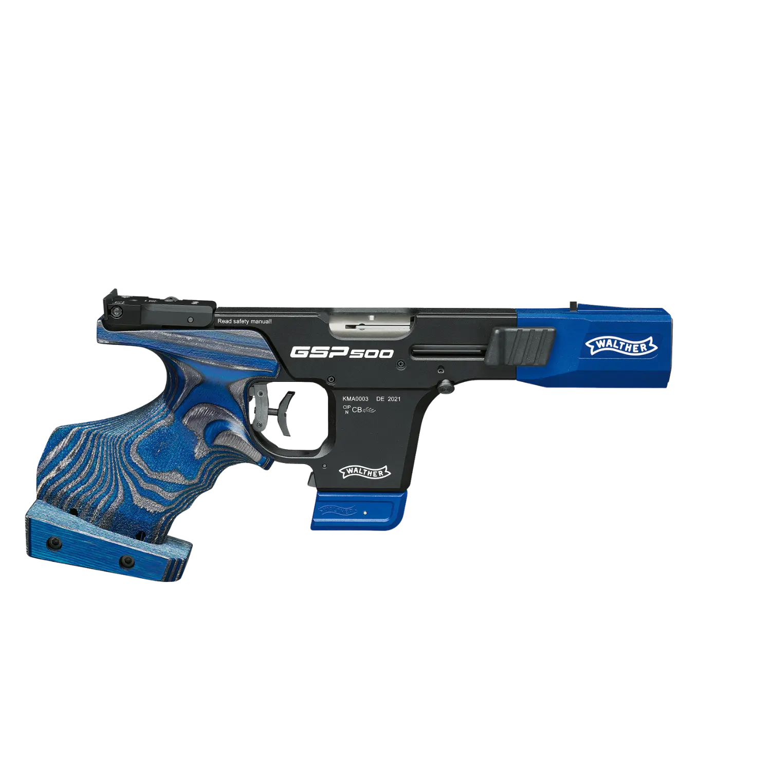 Walther GSP500 Sportpistole mit ergonomischem blau-schwarzem Griff und schwarzem Lauf mit blauen Akzenten