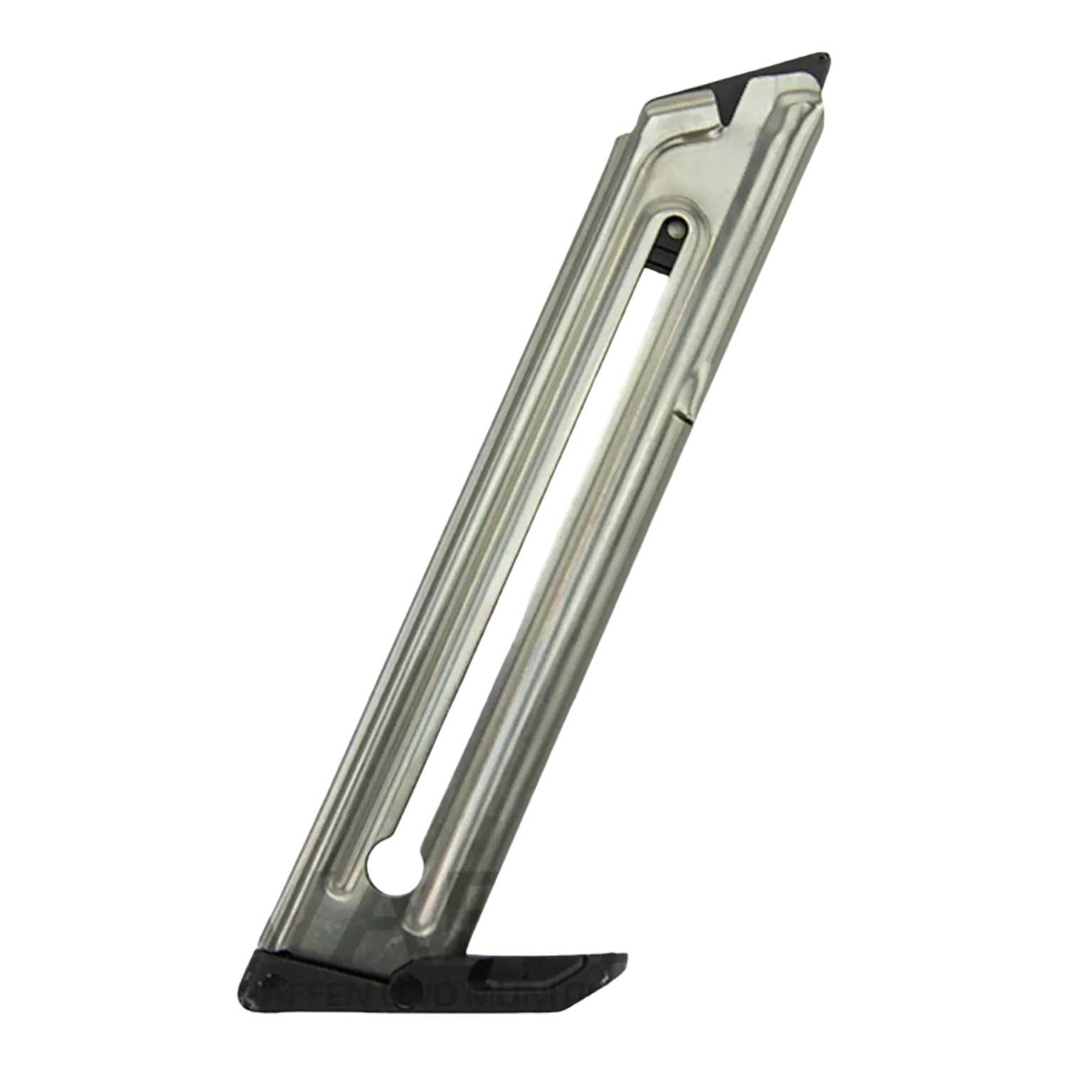seitliche Ansicht eines Ruger Mark IV Magazin . Silbernes Magazin mit schlitz in der Mitte und schwarzem Magazinboden