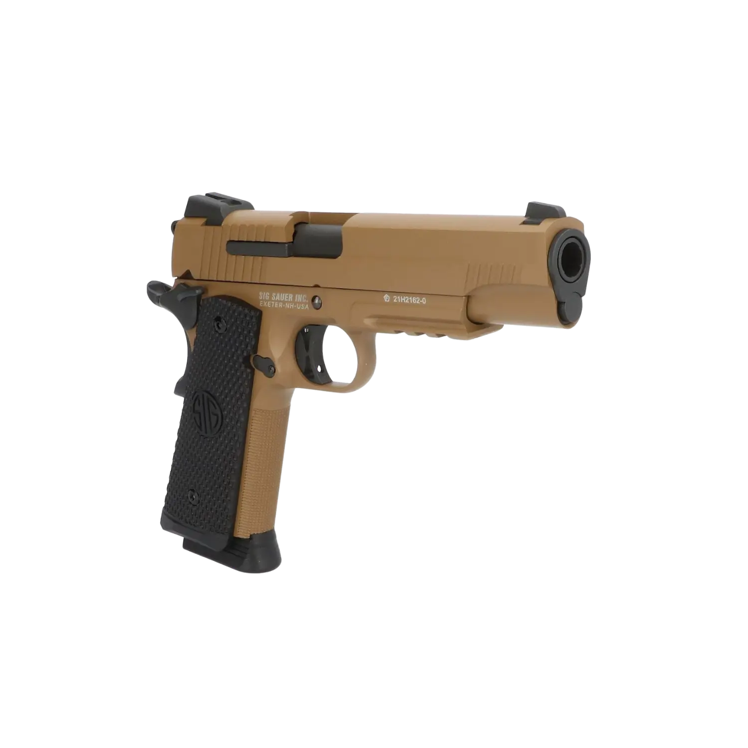 Braun-schwarze Pistole vom Modell SIG Sauer 1911 mit schwarzem Griff und Magazin.