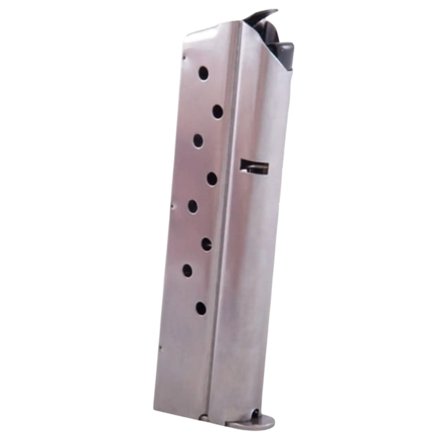 Edelstahl-Magazin für 1911-Stil, 9x19 mm, 9 Schuss, mit Löchern zur Sichtprüfung des Füllstands, seitlich stehend.