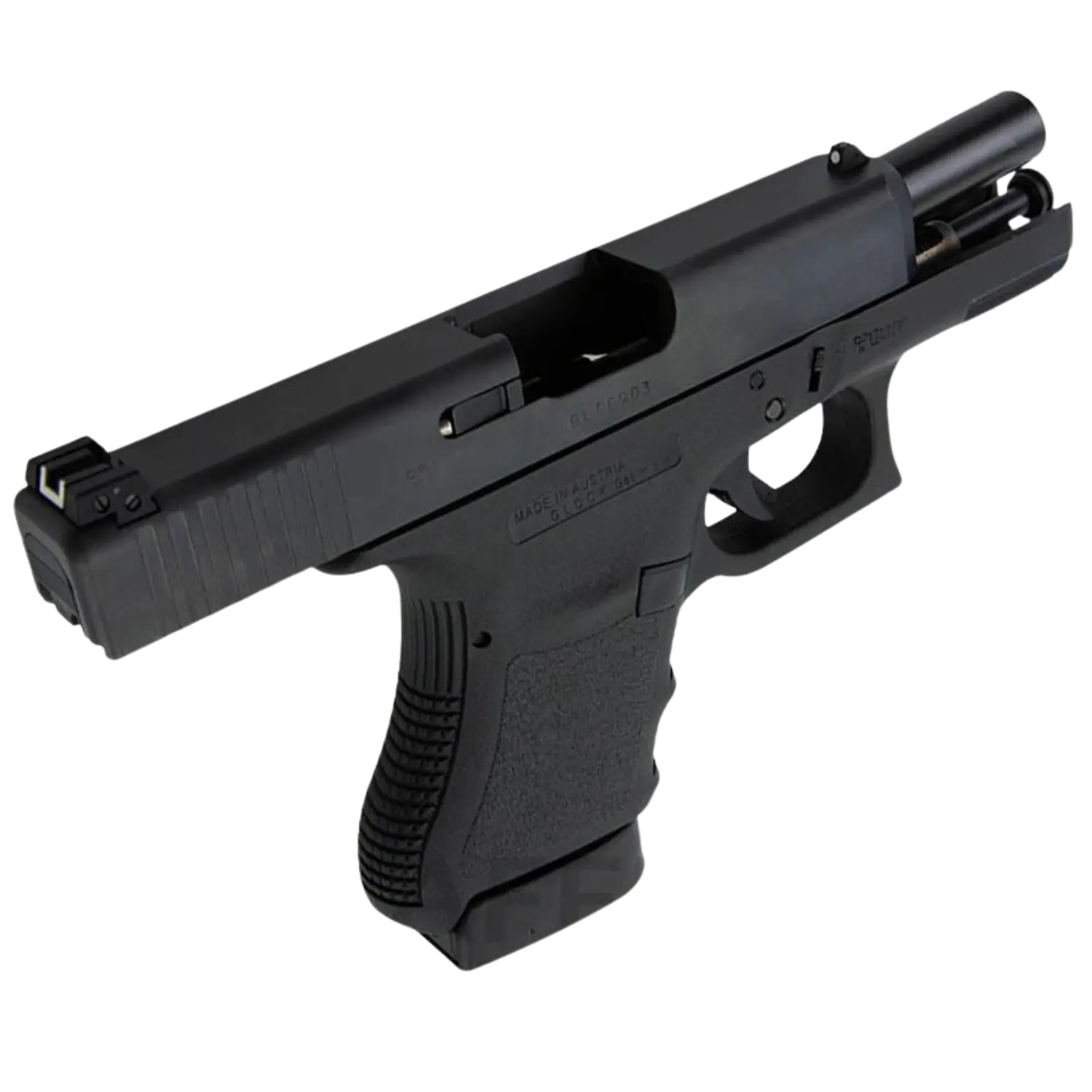 Glock 36 Kaliber .45Auto Glock 36, halbautomatische Pistole im Kaliber .45, schwarz, mit offenem Verschluss, sichtbare Grifftextur und Magazin.