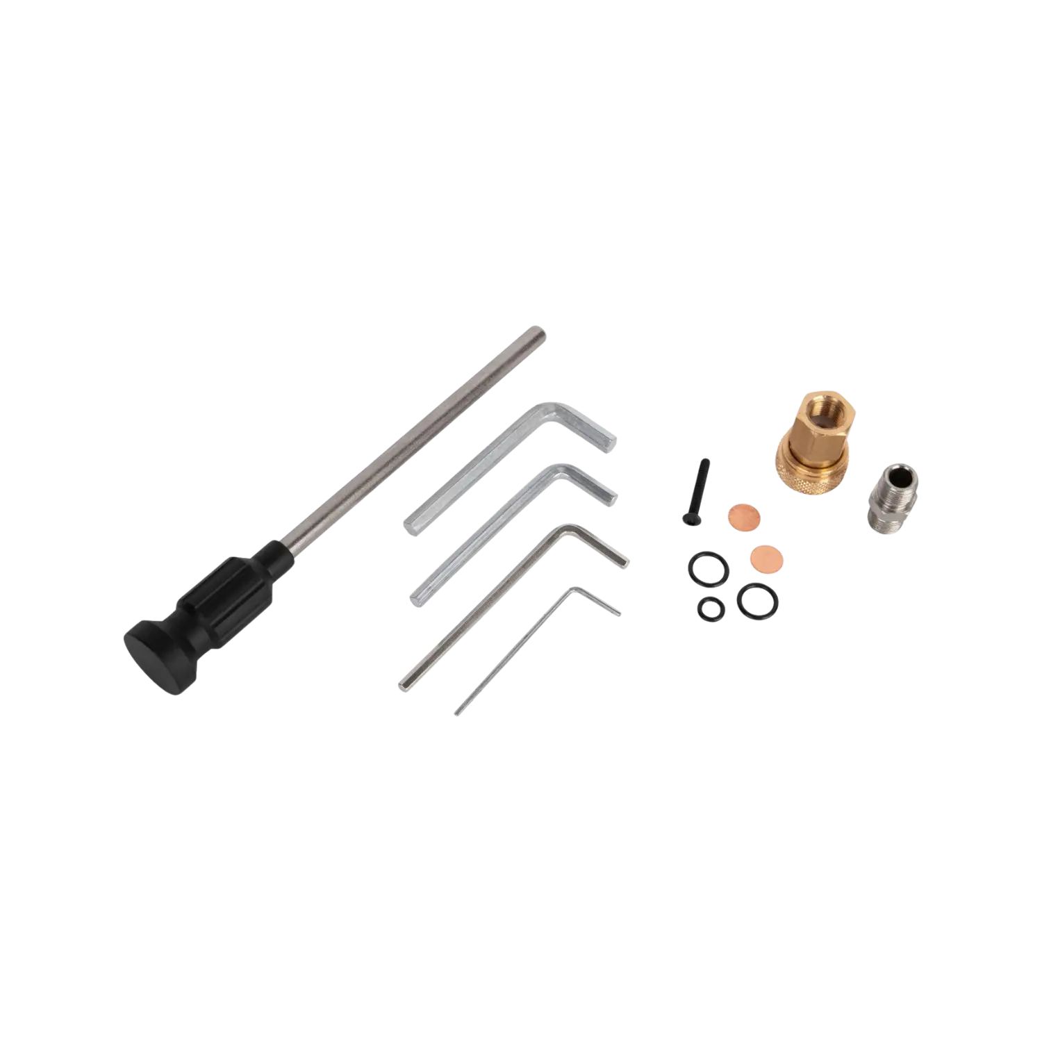 Ein Set von Werkzeugen, bestehend aus einem schwarzen Griff, einem langen Metallstab, drei Sechskantschlüsseln, einer goldenen Verbindung, zwei Dichtungen und zwei O-Ringen.