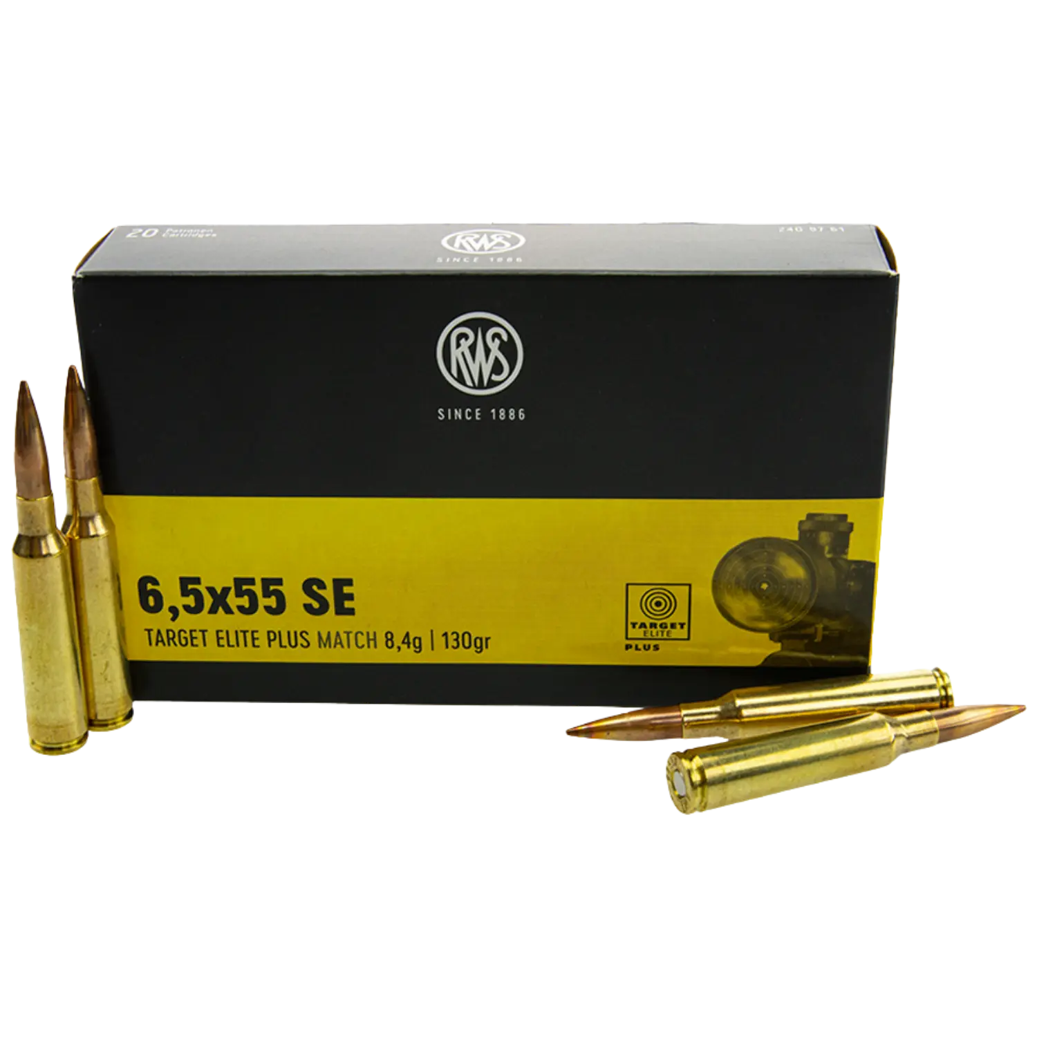 Schwarze und gelbe Verpackung mit der Aufschrift '6,5x55 SE TARGET ELITE PLUS MATCH 8,4g | 130gr' und mehreren Patronen mit Messinghülsen und spitzen Geschossen davor und daneben.