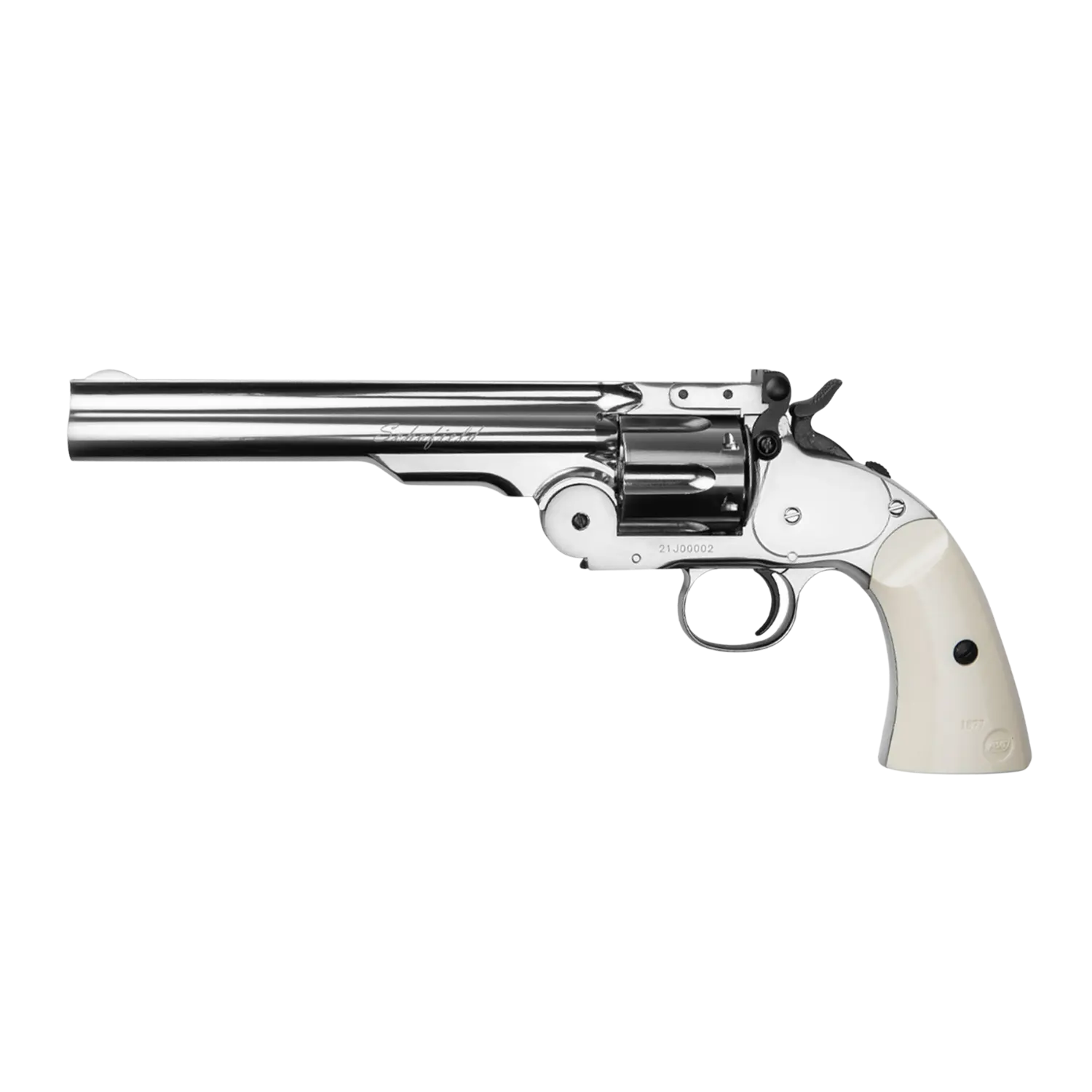 Schofield 6 Zoll NBB, silber mit ivory-farbenem Griff, Revolver mit einem langen, glänzenden Lauf und einem runden Zylinder.