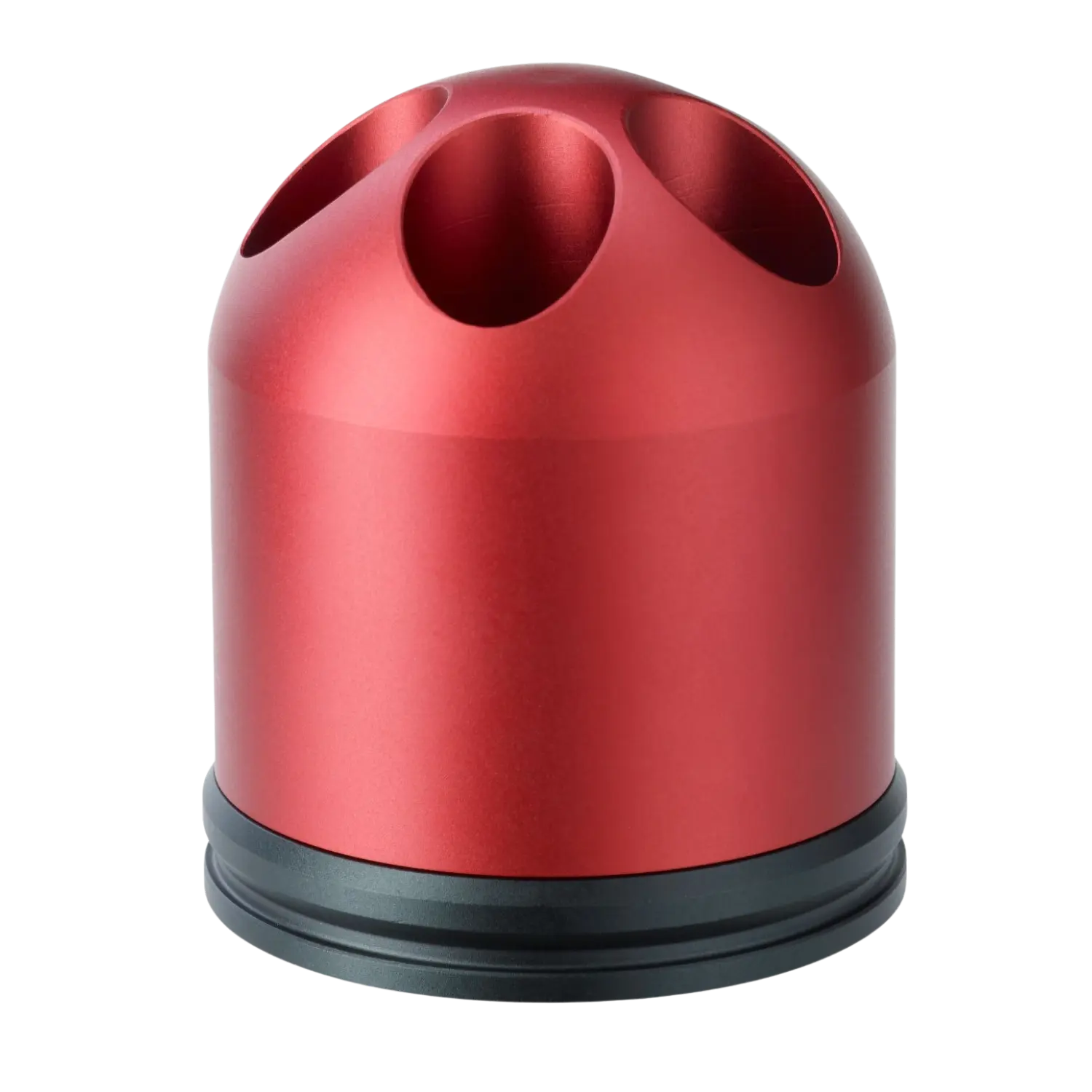 Roter Pyro Launcher für Schreckschusswaffen mit zylindrischem Körper, fünf runden Öffnungen oben und schwarzem Sockel.