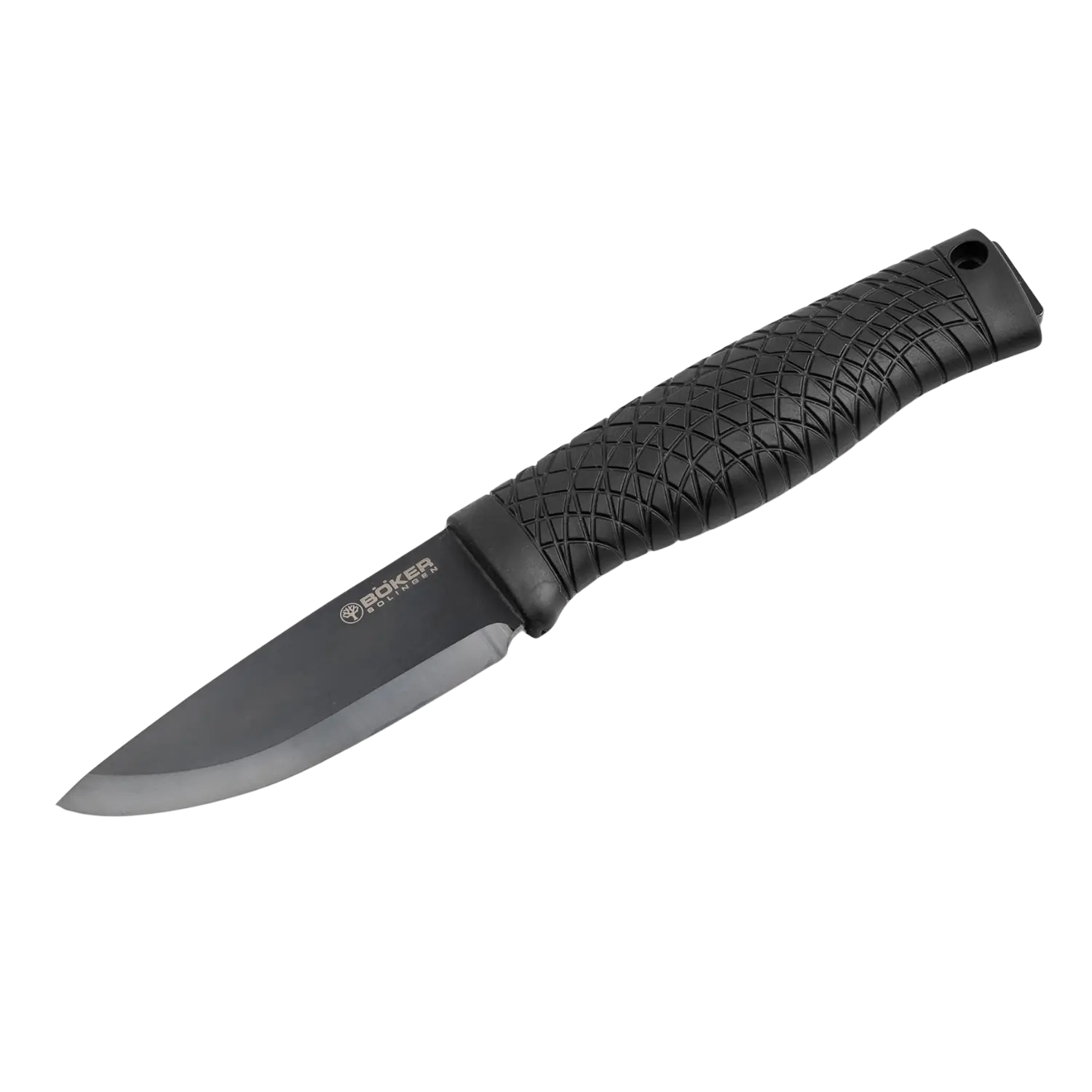 Feststehendes Messer Bronco Naturenshne MK1 mit schwarzer Klinge und strukturiertem Griff mit Loch am Griffende