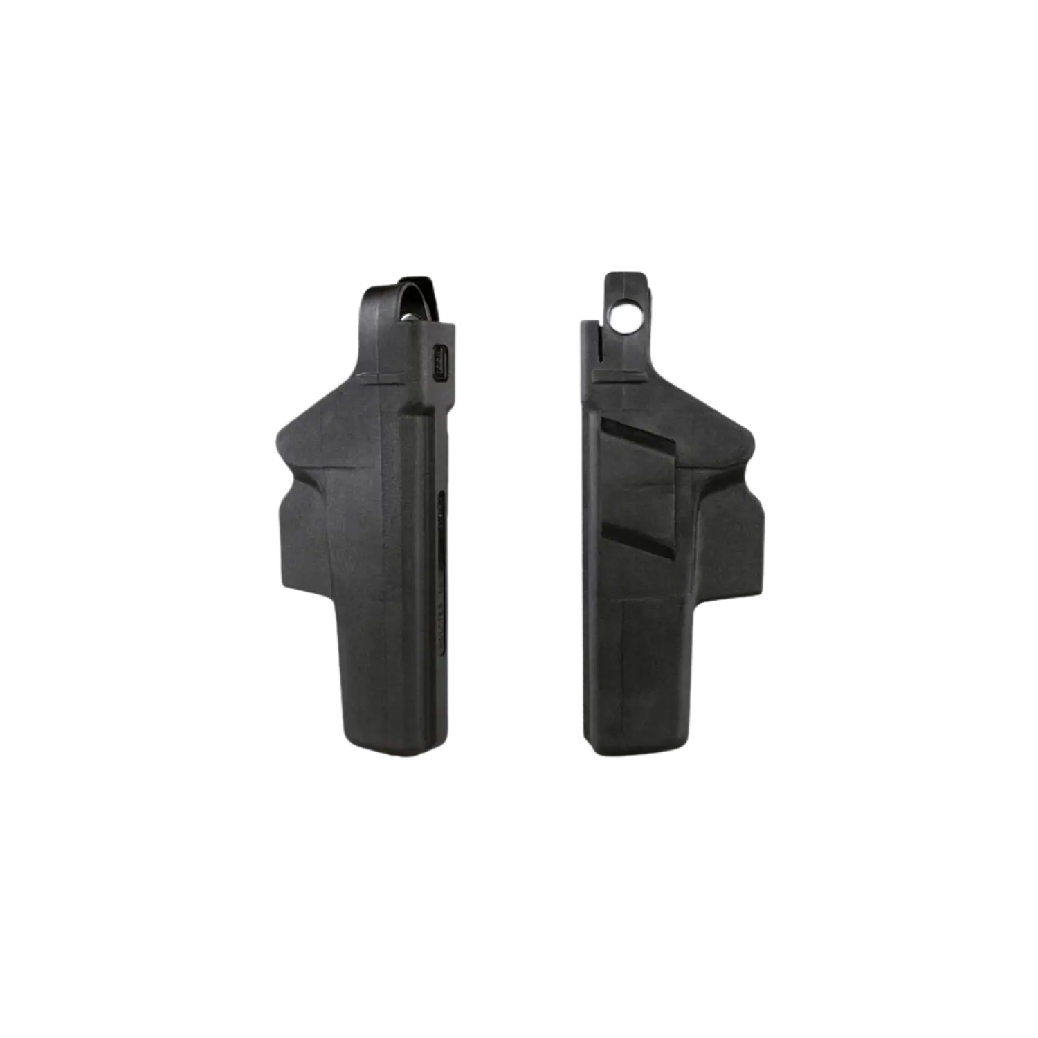 Zwei schwarze GLOCK Sport/Duty Holster für Rechts, jeweils von der Seite und Rückseite sichtbar.