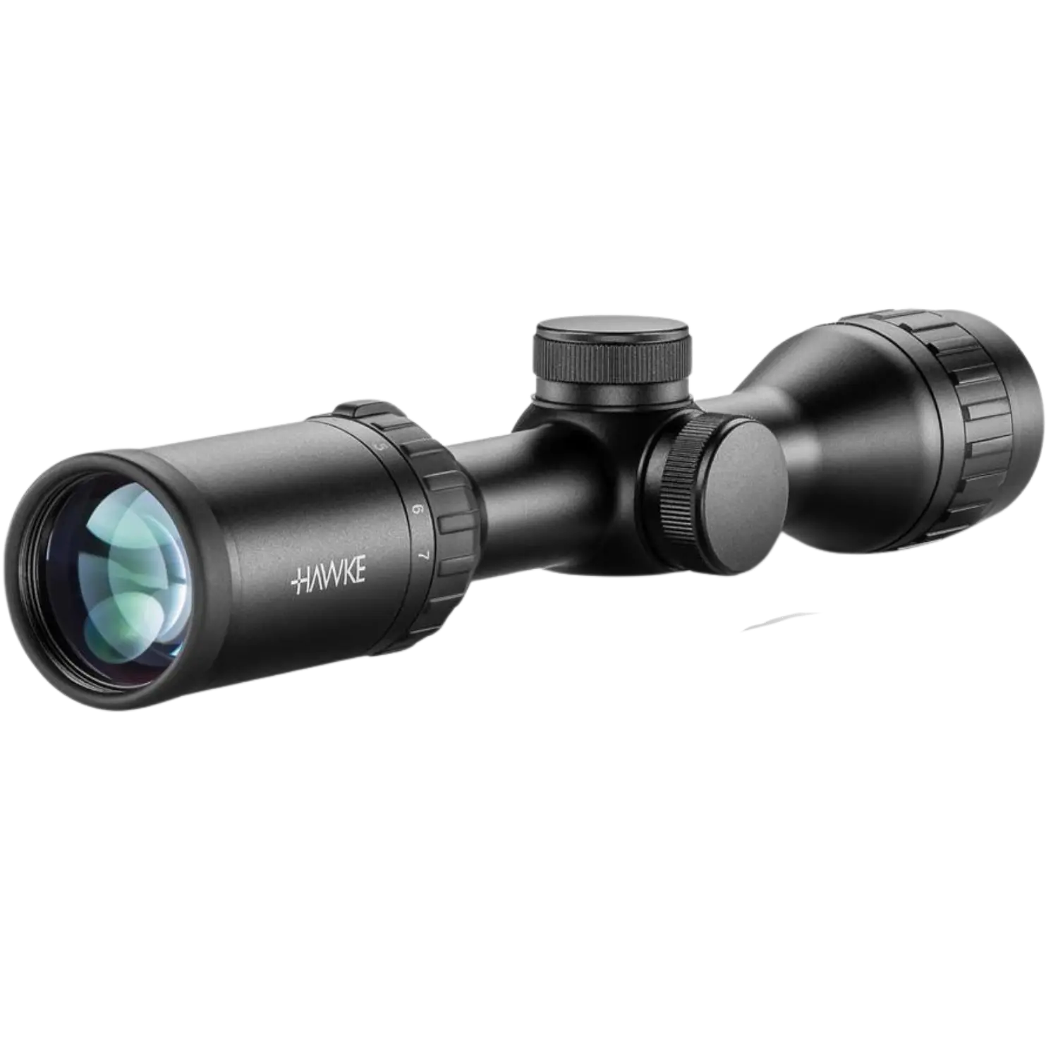 Hawke Airmax 2-7x32 Zielfernrohr, schwarz, mit zwei verstellbaren Objektiven und einem zentralen Einstellrad.