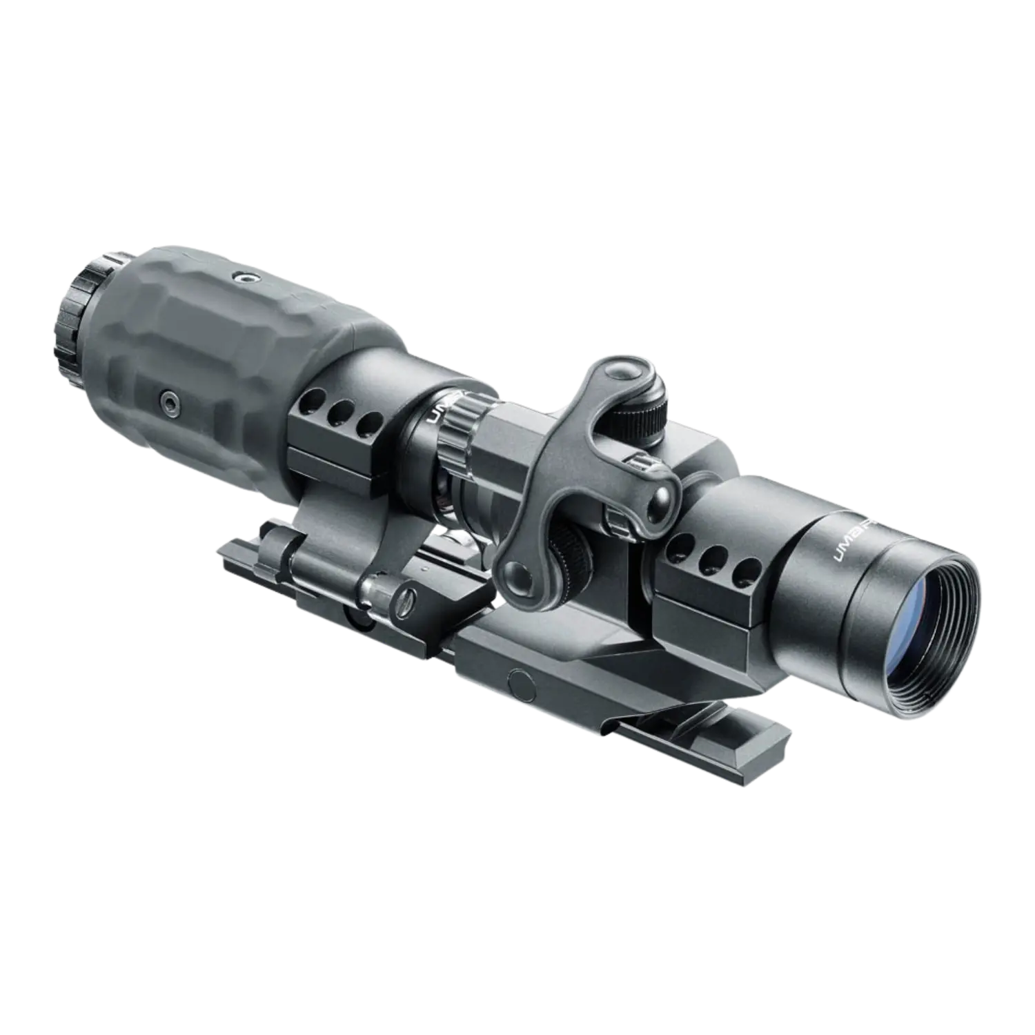 Umarex Zielfernrohr MPS3, schwarz, mit verstellbarem Zoom, Montagebasis und seitlichem Verstellhebel, aus Metall.