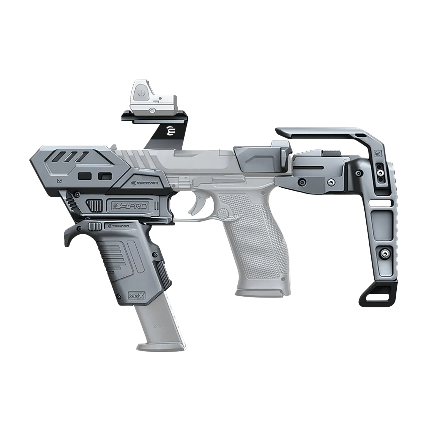 Schwarz-grauer Recover Tactical S-PRO Compact Stabilizer mit montiertem Rotpunktvisier auf Walther PDP Pistole.